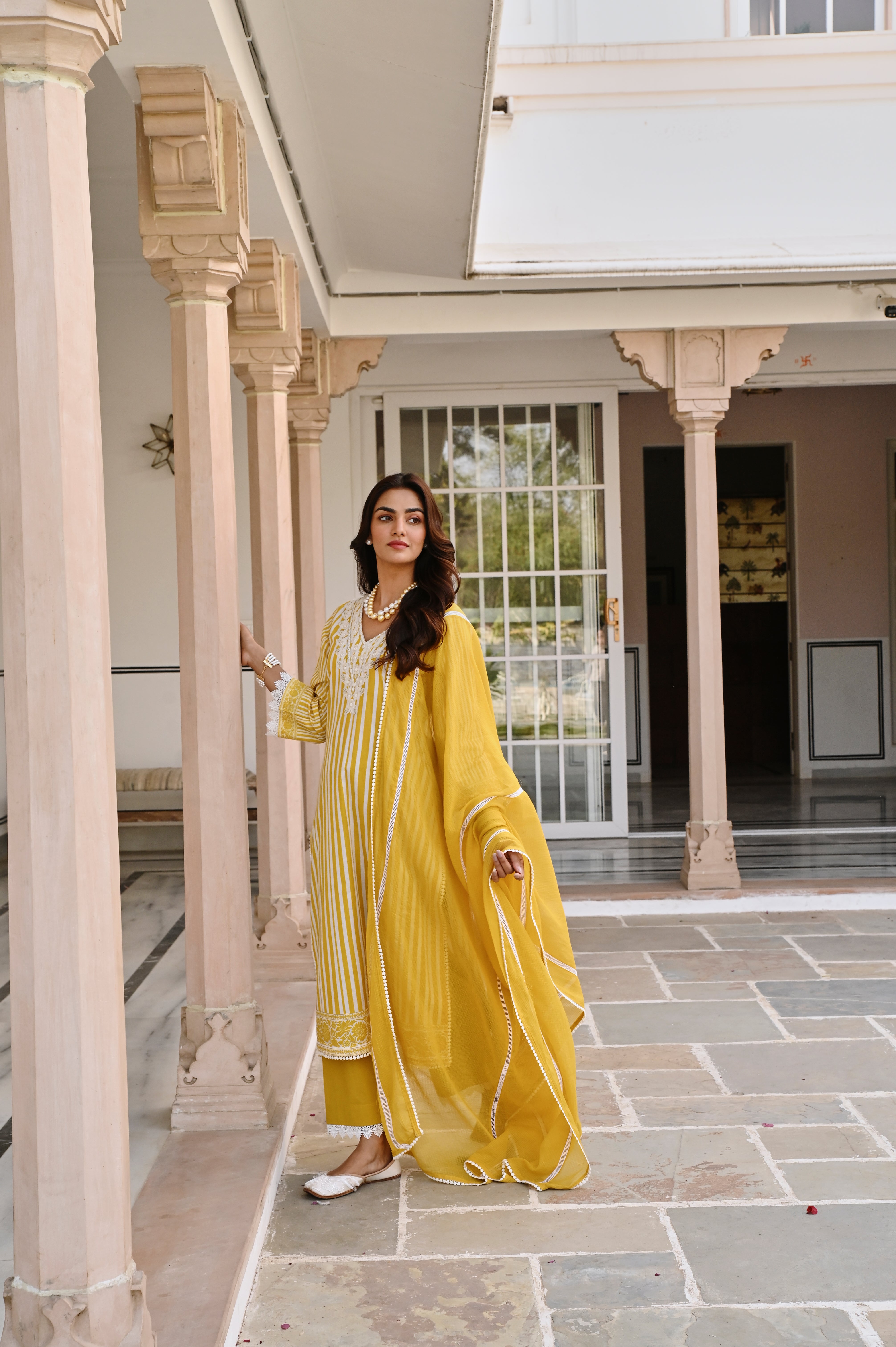 YELLOW WHITE EMBROIDERY V-NECK KURTA SET