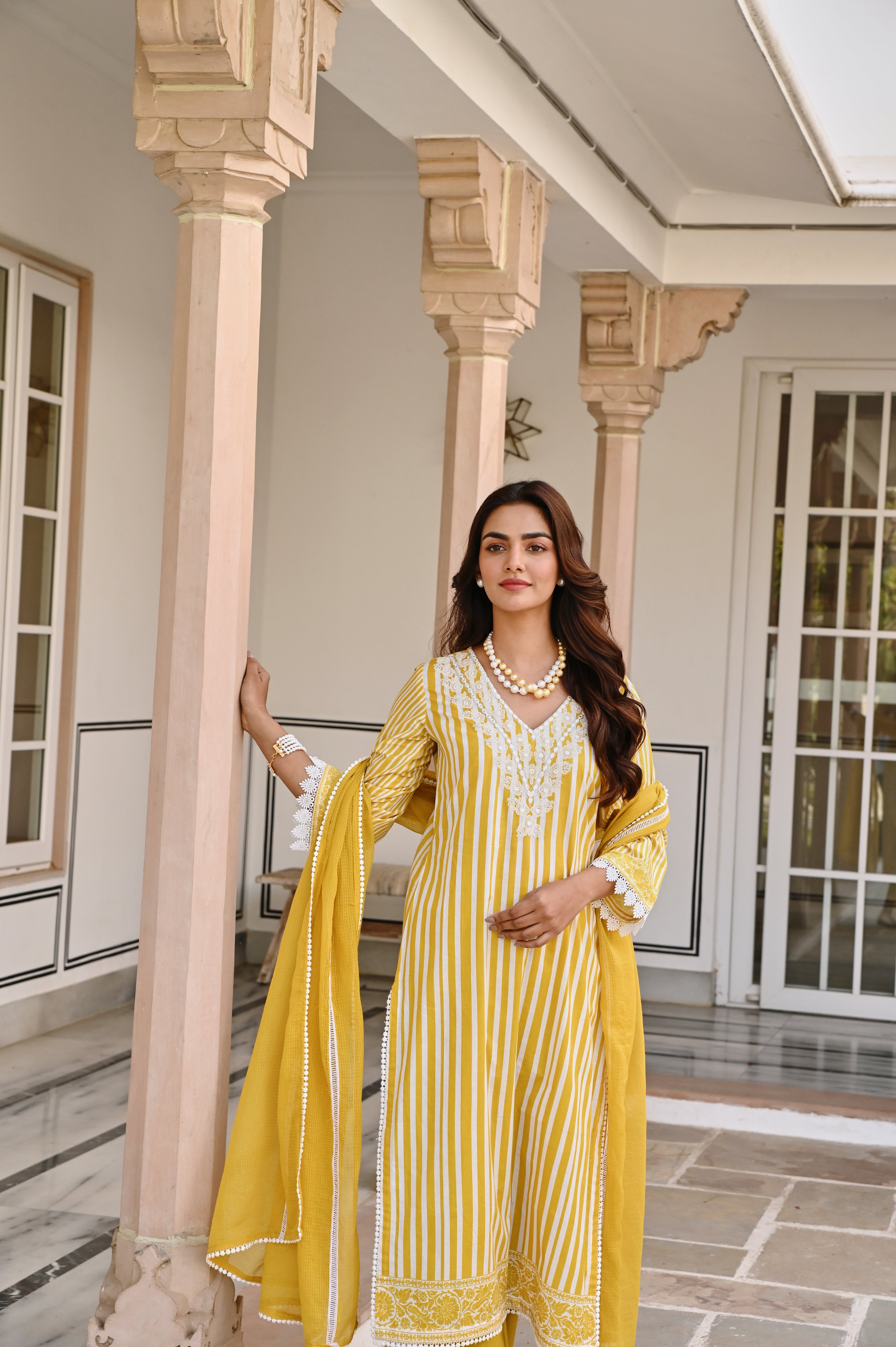 YELLOW WHITE EMBROIDERY V-NECK KURTA SET