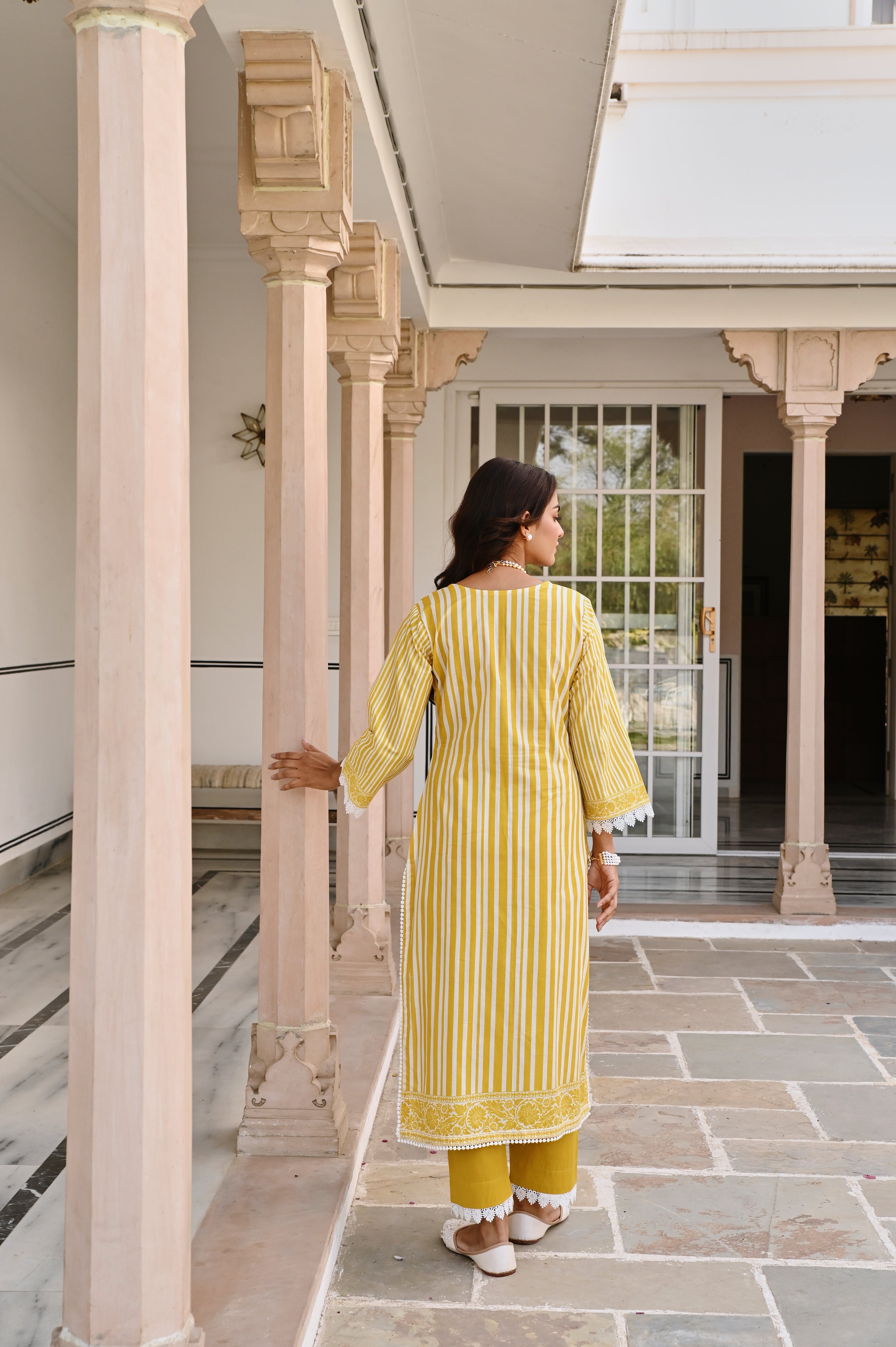 YELLOW WHITE EMBROIDERY V-NECK KURTA SET