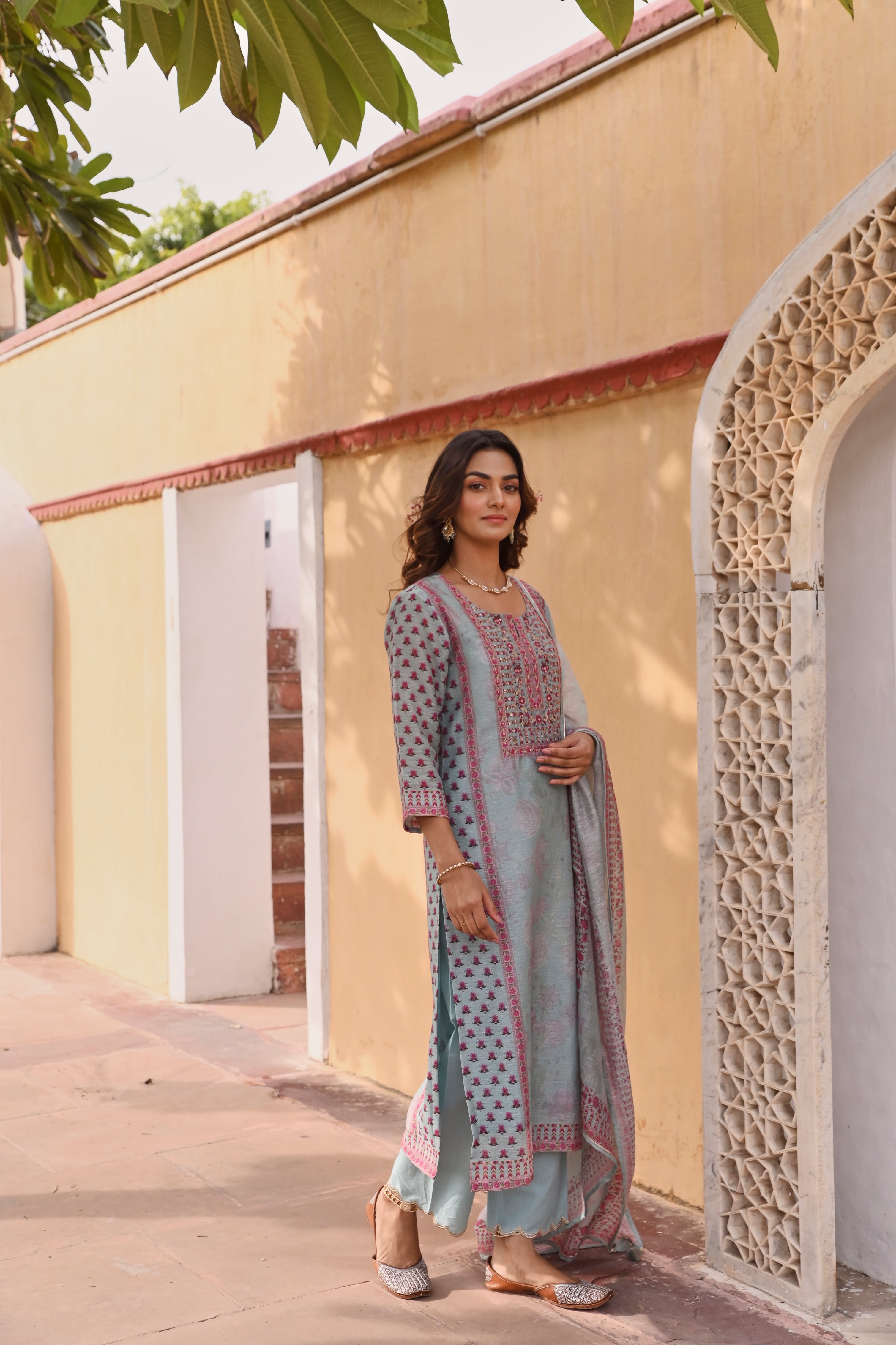 POWDER BLUE LINEN KURTA SET