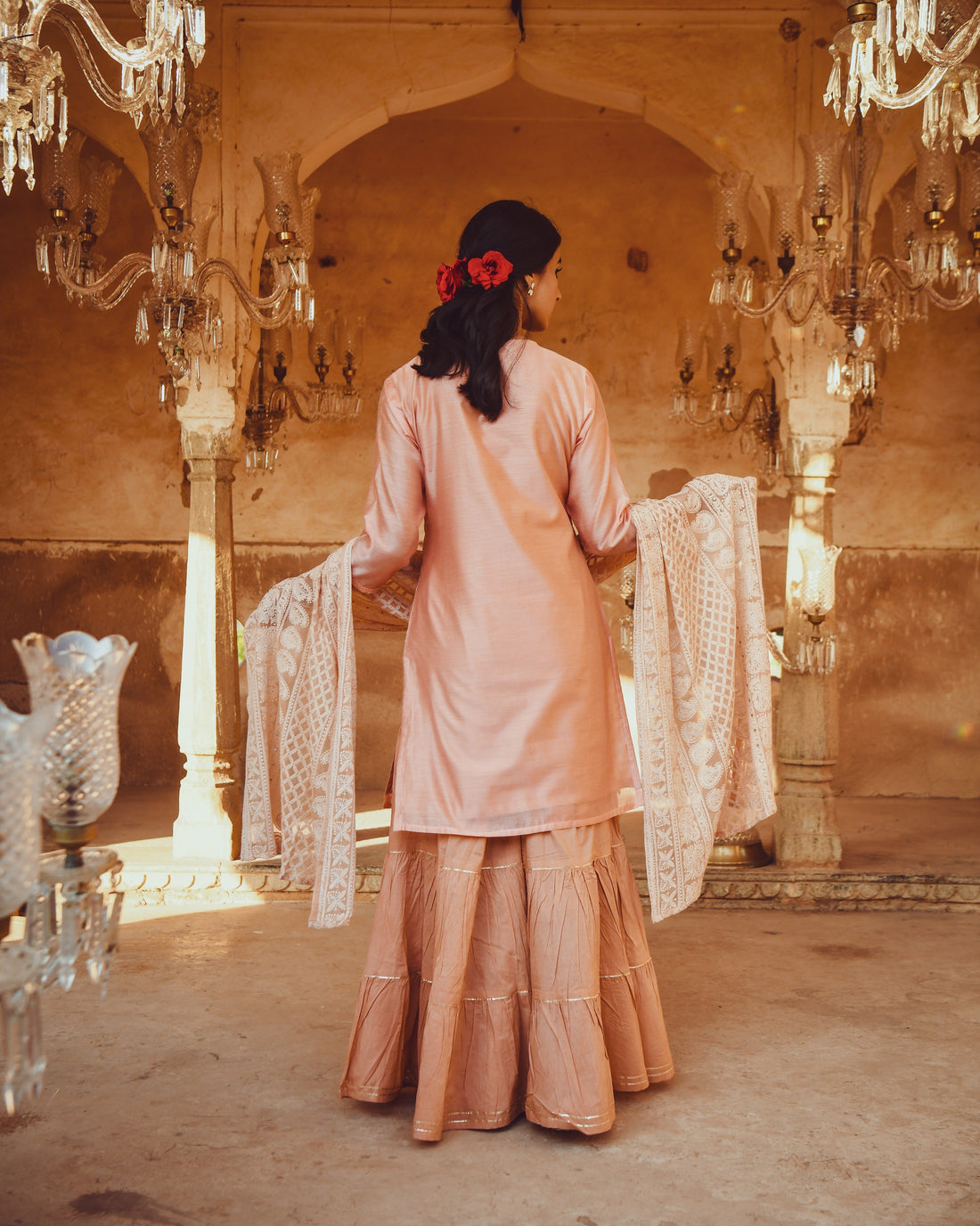 JASHN PEACH CHANDERI KURTA WITH CHIFFON DUPATTA
