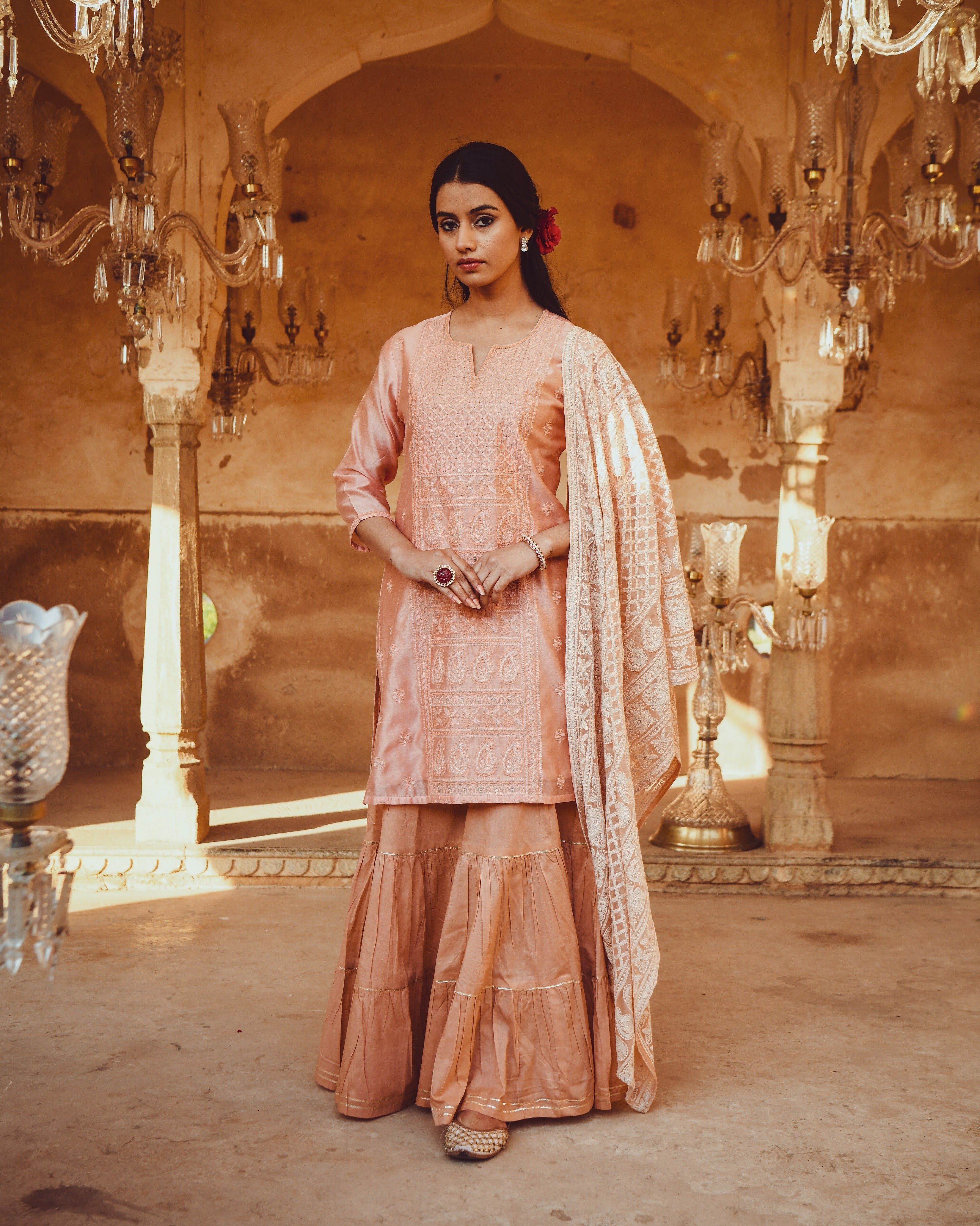 JASHN PEACH CHANDERI KURTA WITH CHIFFON DUPATTA