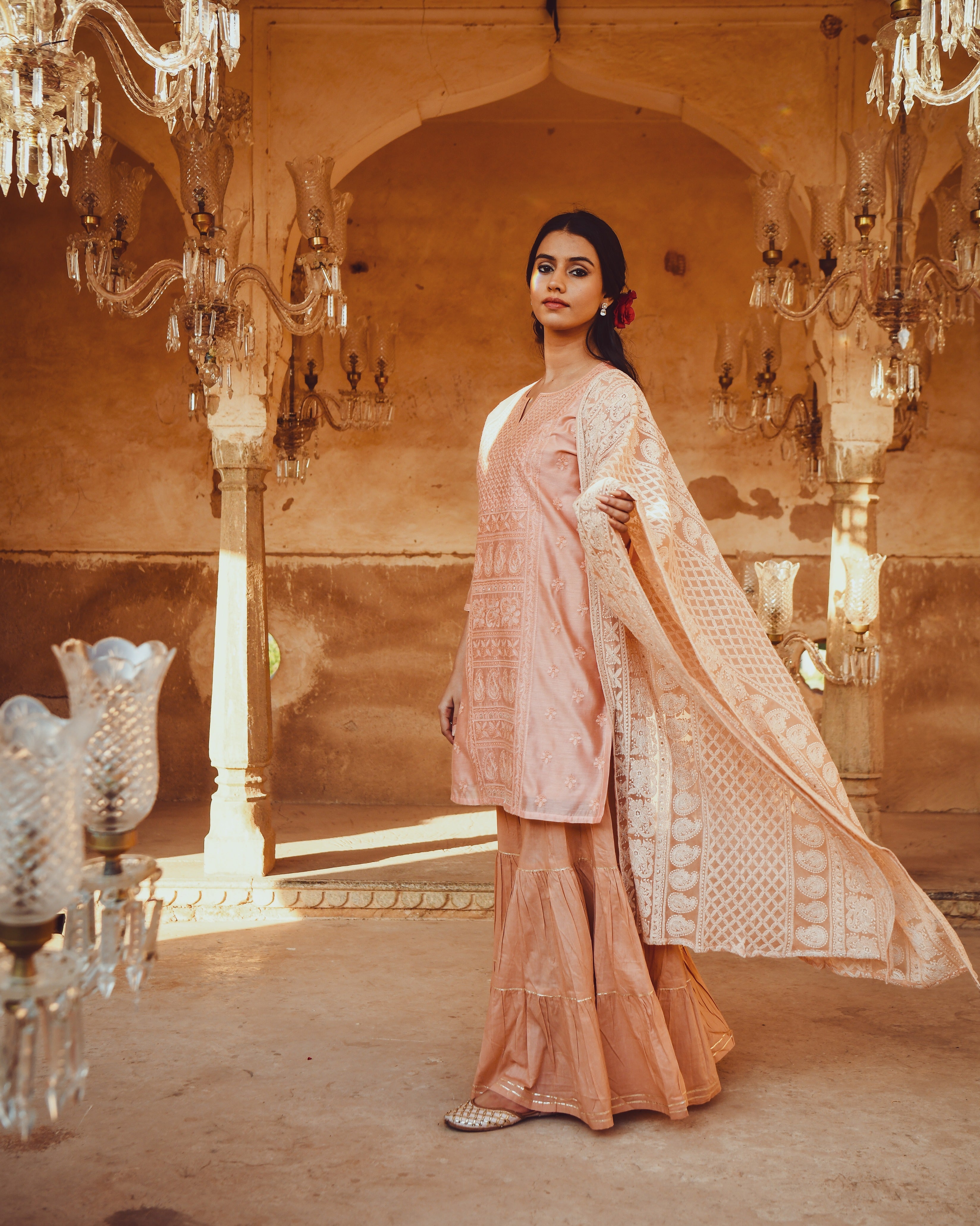 JASHN PEACH CHANDERI KURTA WITH CHIFFON DUPATTA