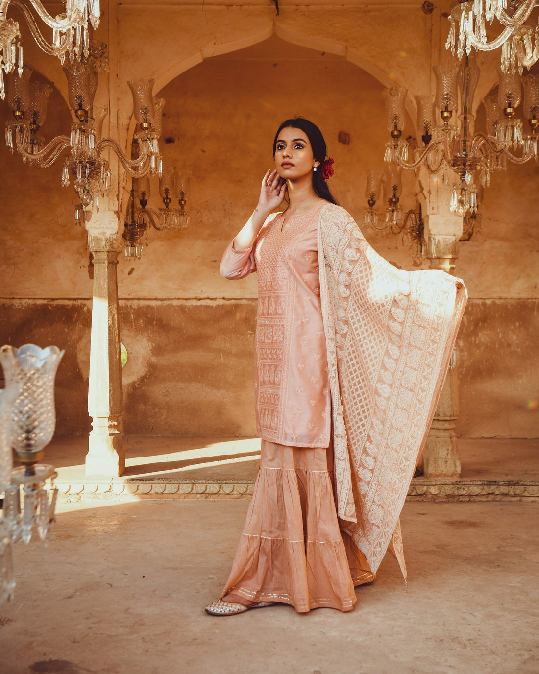 JASHN PEACH CHANDERI KURTA WITH CHIFFON DUPATTA