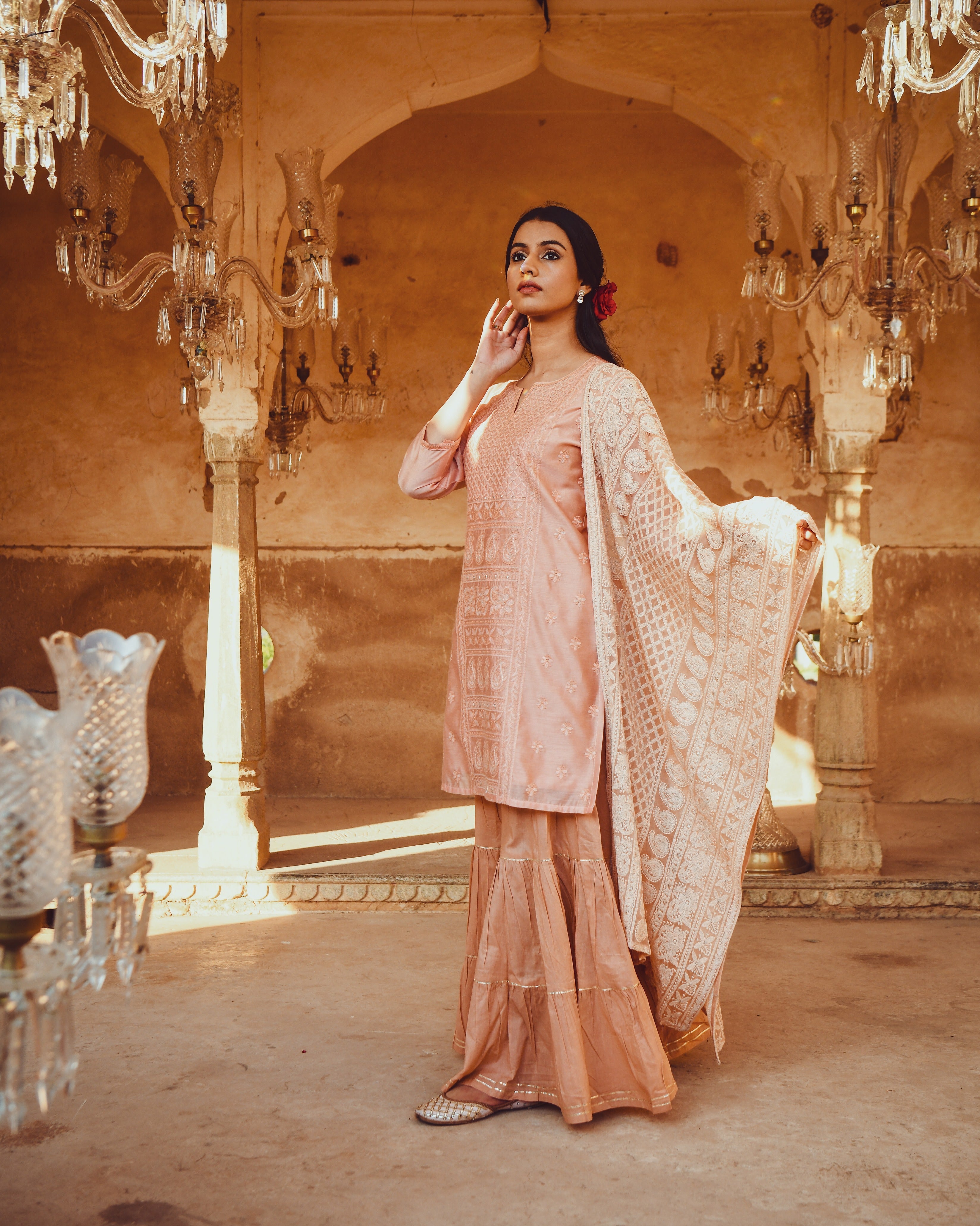 JASHN PEACH CHANDERI KURTA WITH CHIFFON DUPATTA