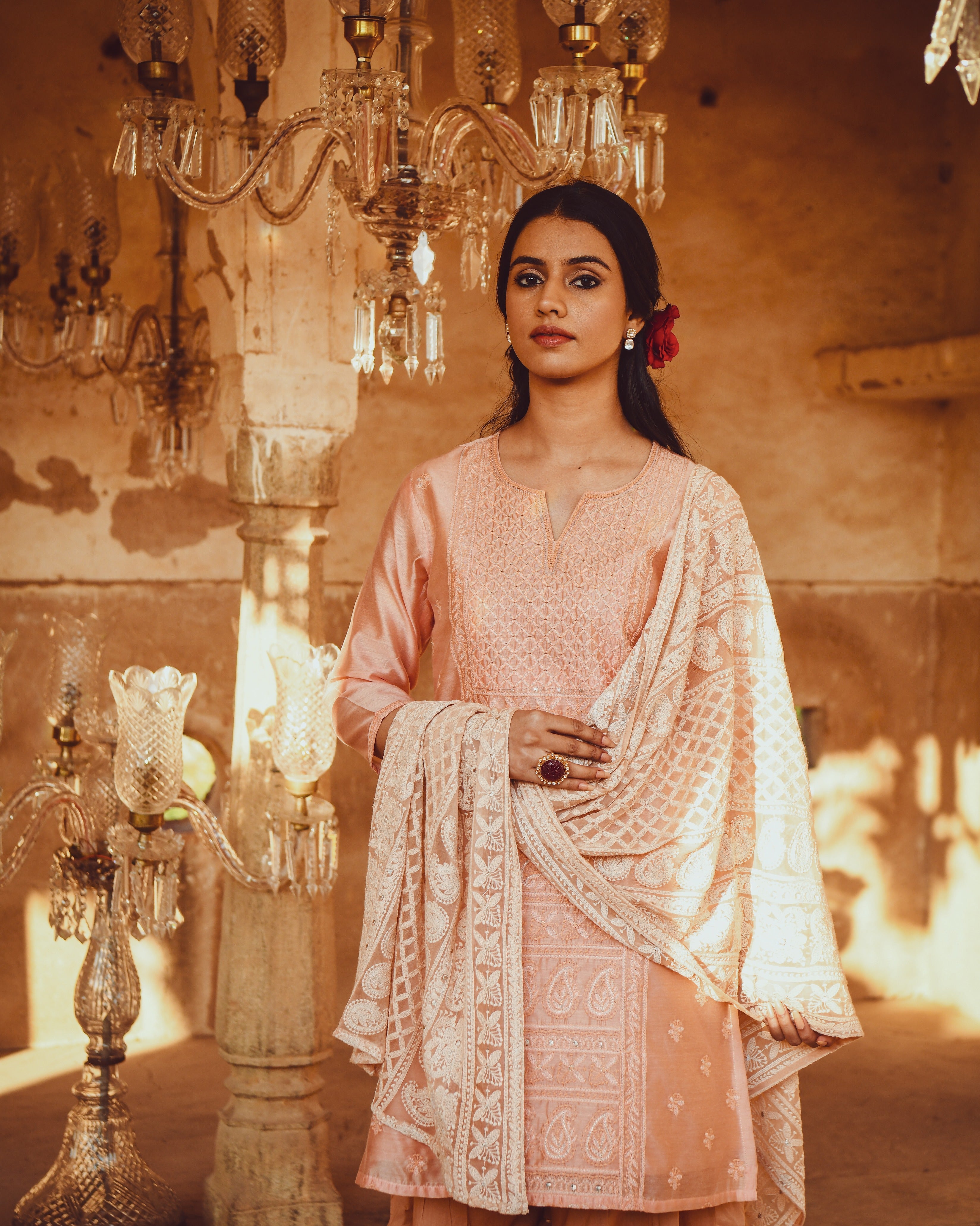 JASHN PEACH CHANDERI KURTA WITH CHIFFON DUPATTA