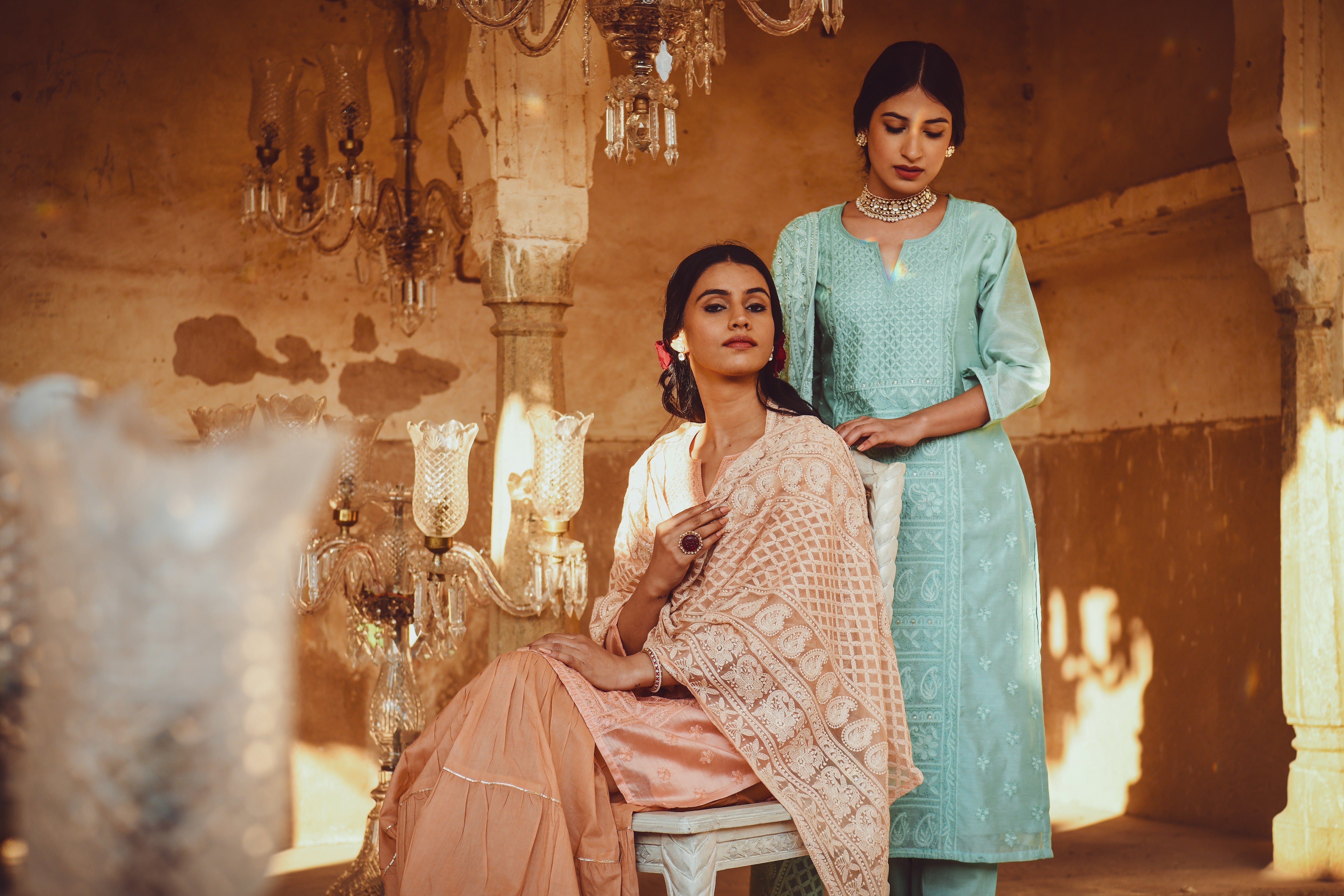 JASHN OCEAN GREEN CHANDERI KURTA WITH CHIFFON DUPATTA