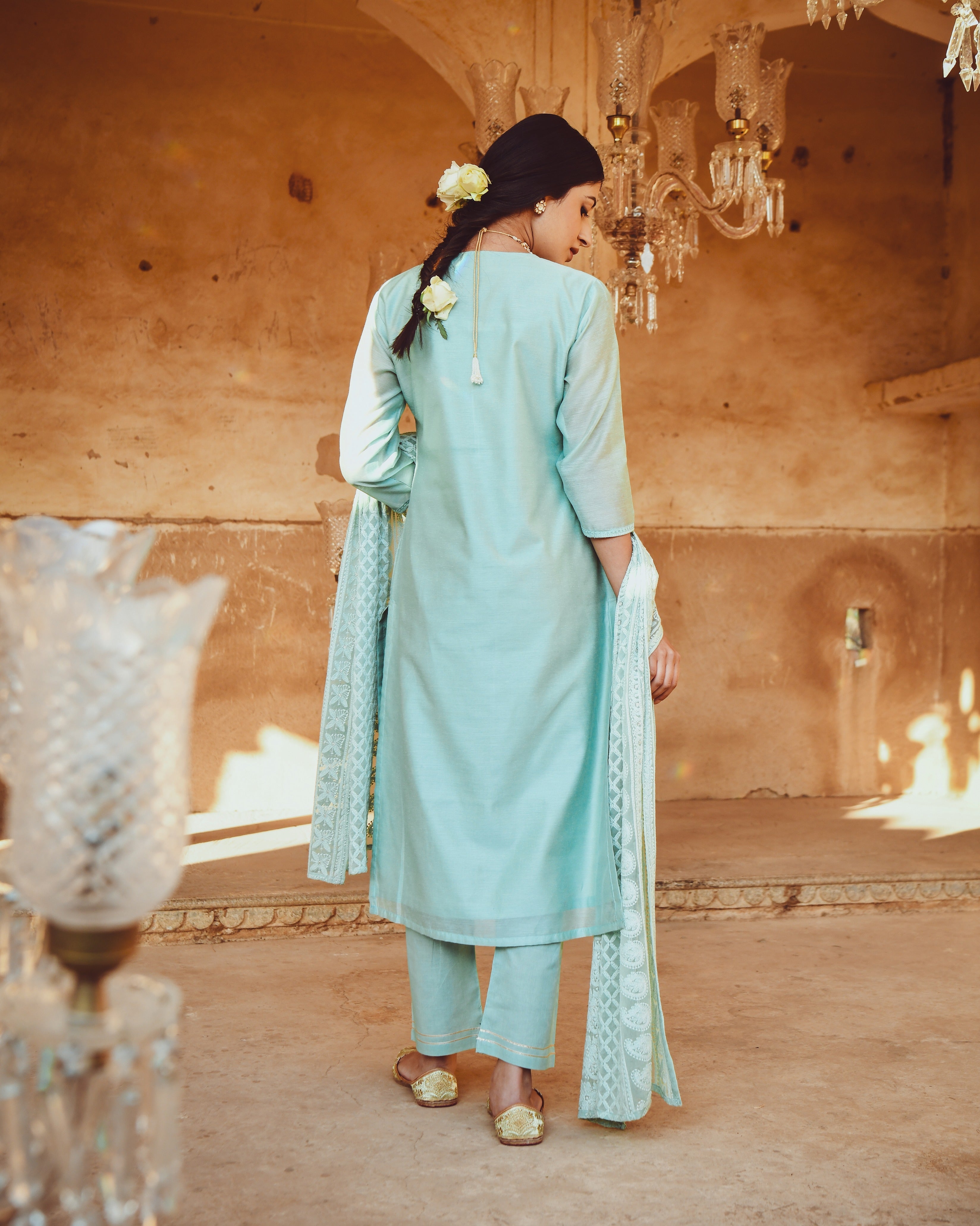 JASHN OCEAN GREEN CHANDERI KURTA WITH CHIFFON DUPATTA