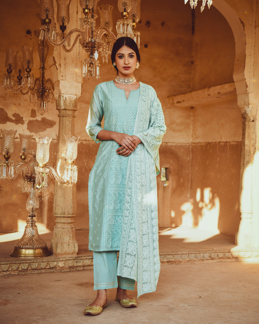 JASHN OCEAN GREEN CHANDERI KURTA WITH CHIFFON DUPATTA