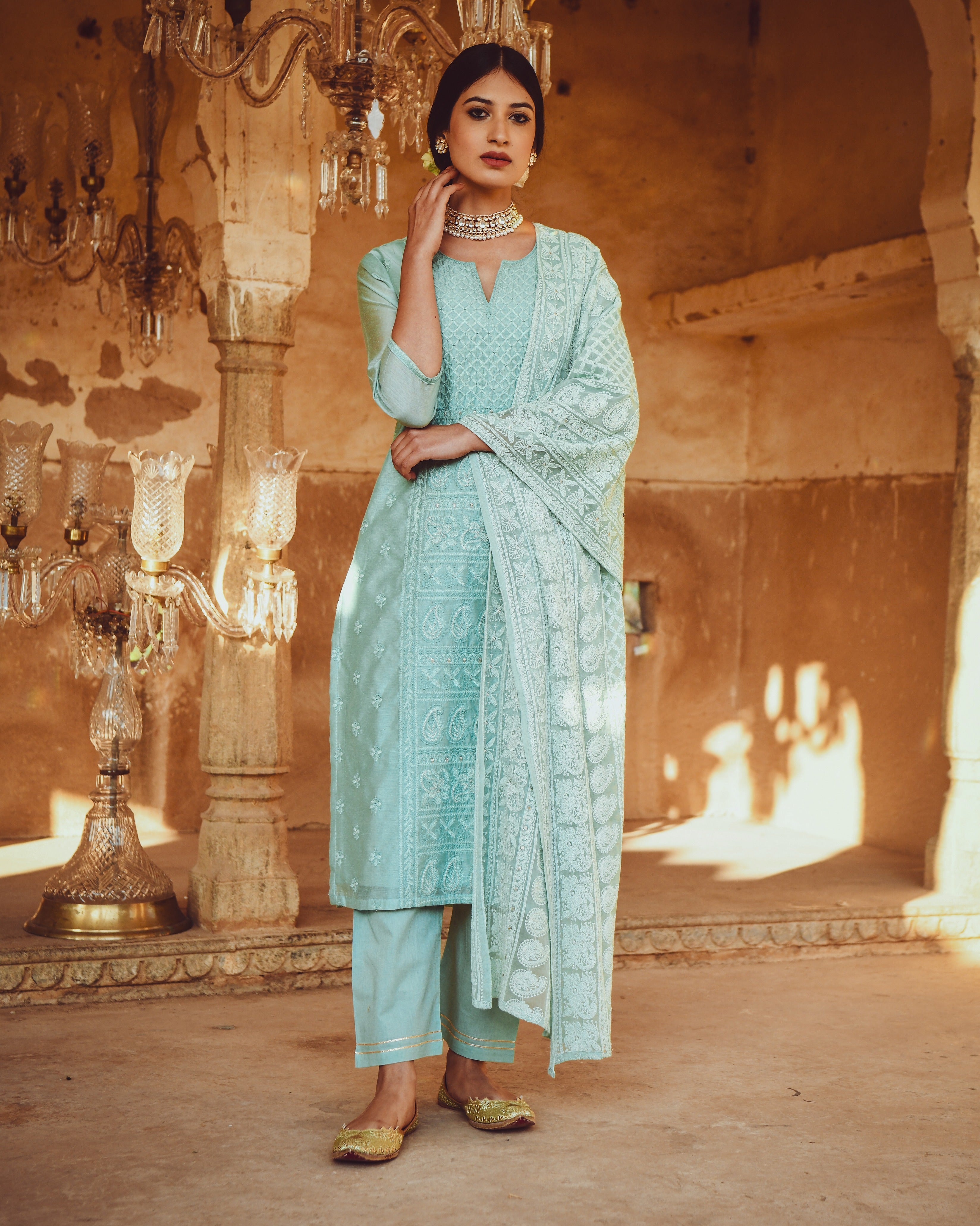 JASHN OCEAN GREEN CHANDERI KURTA WITH CHIFFON DUPATTA