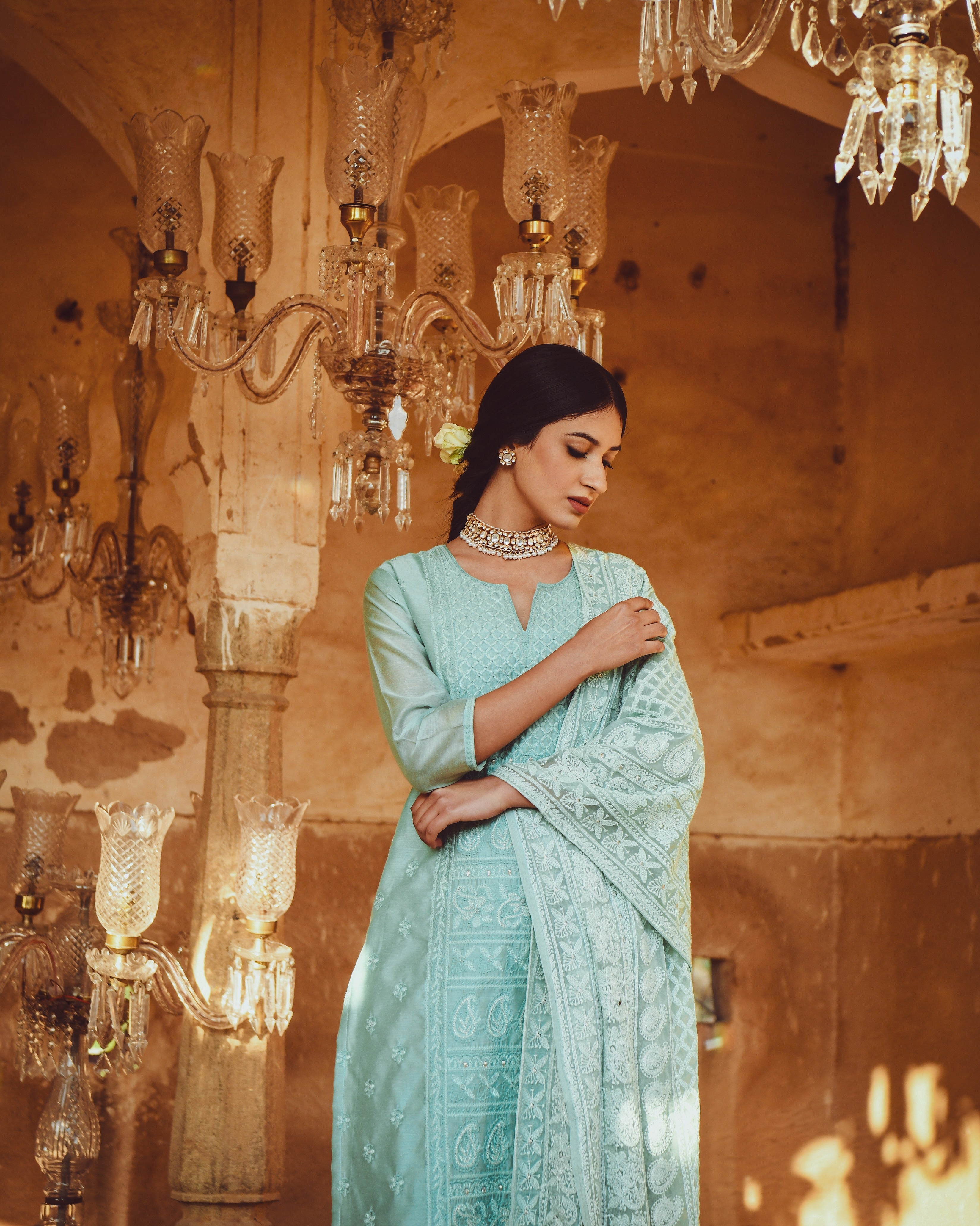 JASHN OCEAN GREEN CHANDERI KURTA WITH CHIFFON DUPATTA
