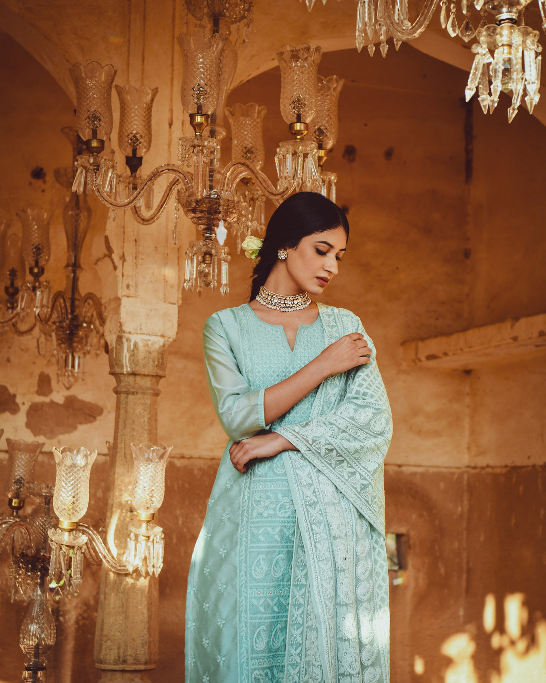 JASHN OCEAN GREEN CHANDERI KURTA WITH CHIFFON DUPATTA