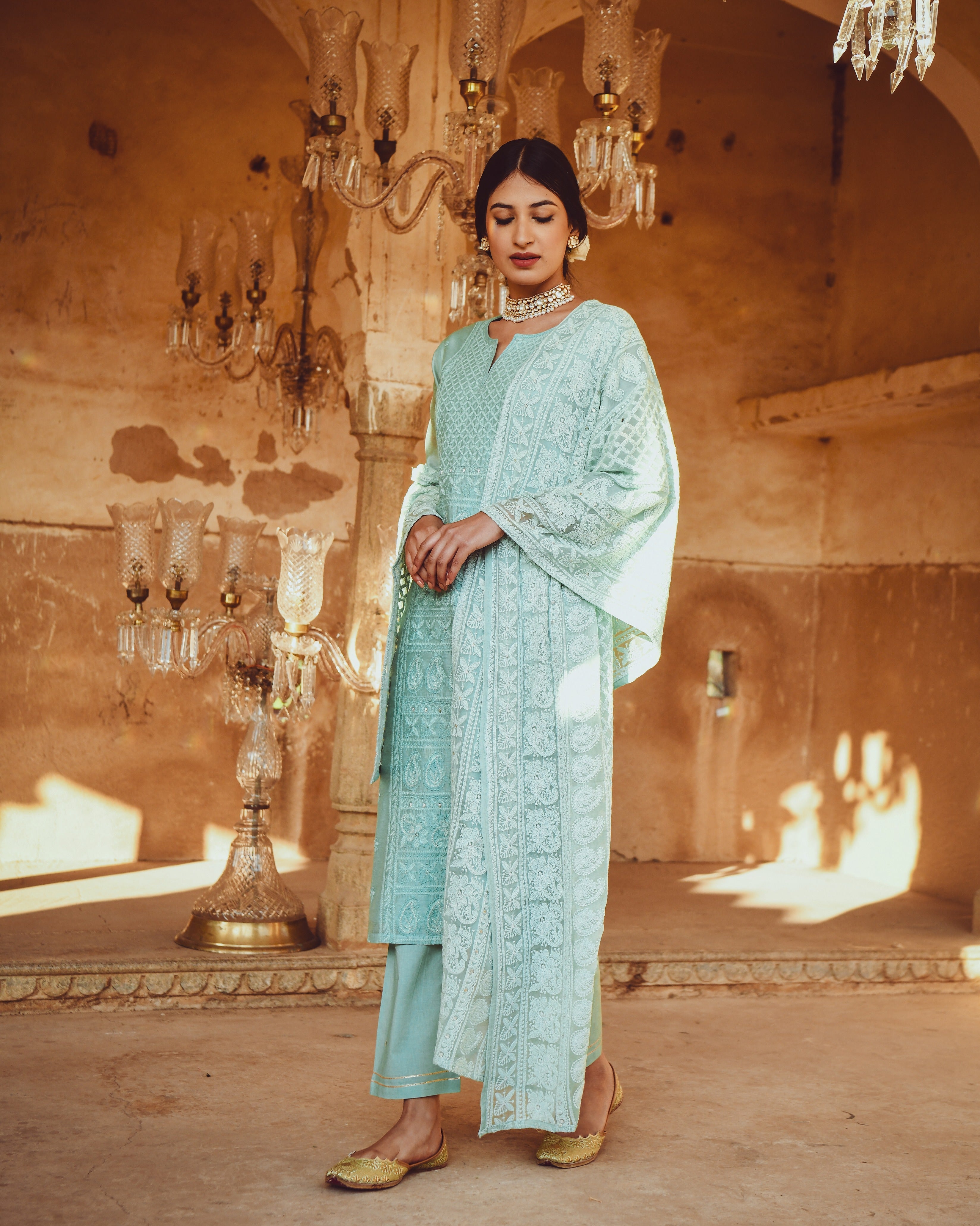 JASHN OCEAN GREEN CHANDERI KURTA WITH CHIFFON DUPATTA