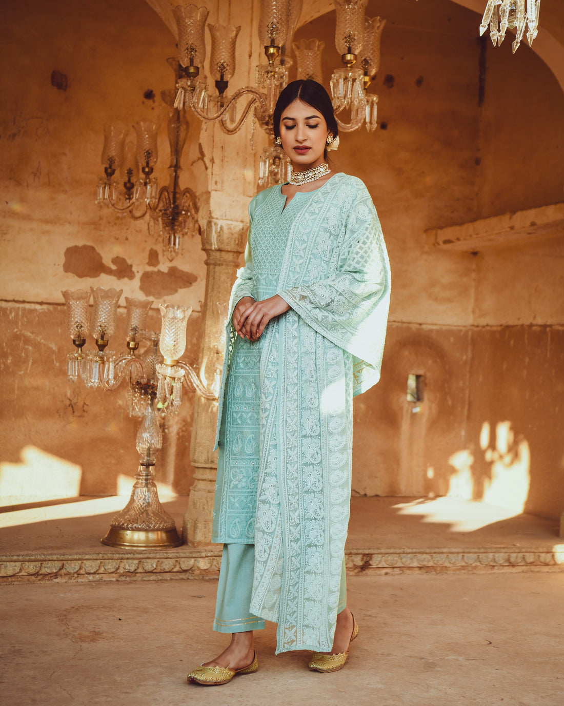 JASHN OCEAN GREEN CHANDERI KURTA WITH CHIFFON DUPATTA
