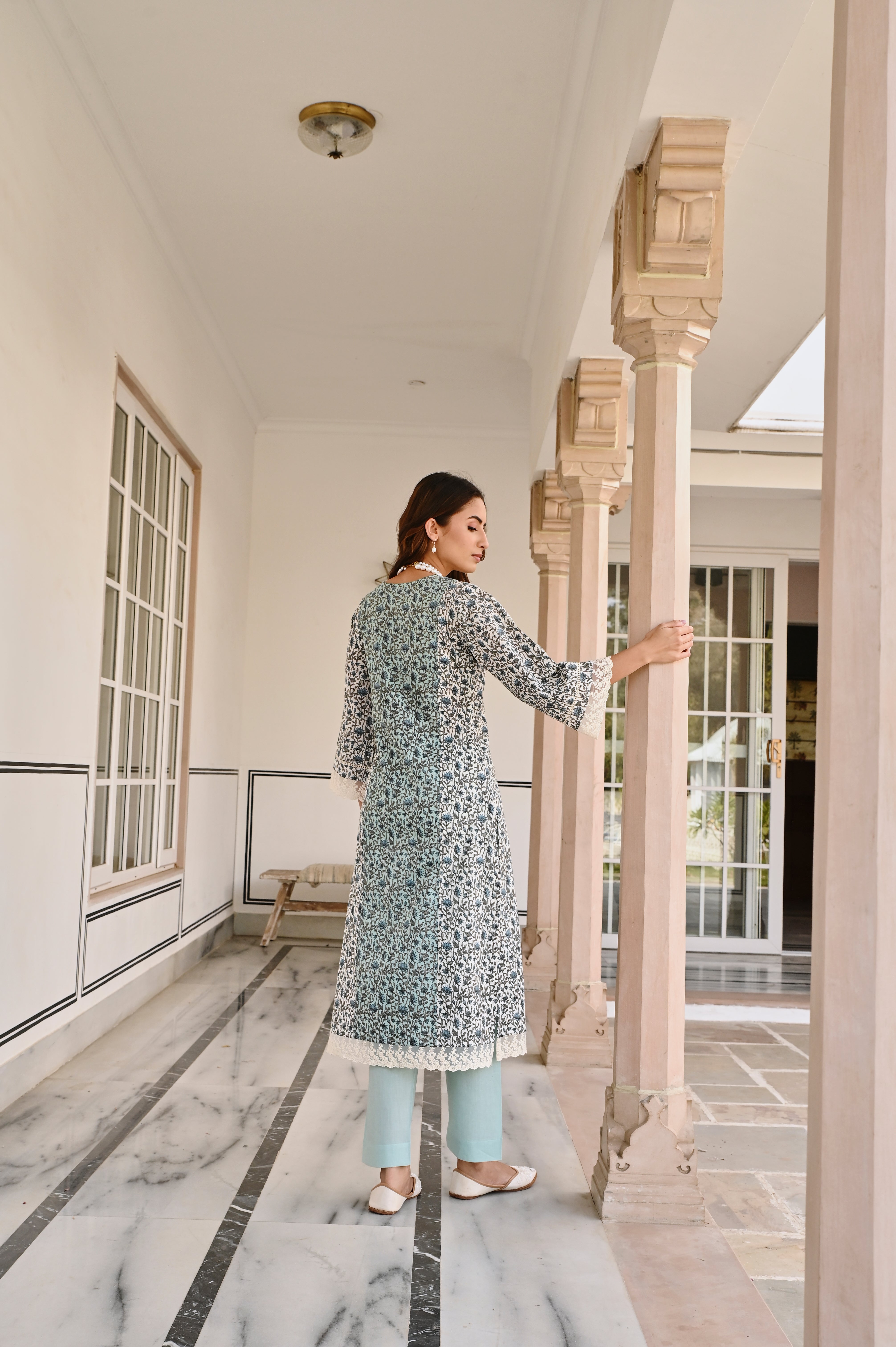 SKY BLUE LACE NECKLINE KURTA SET