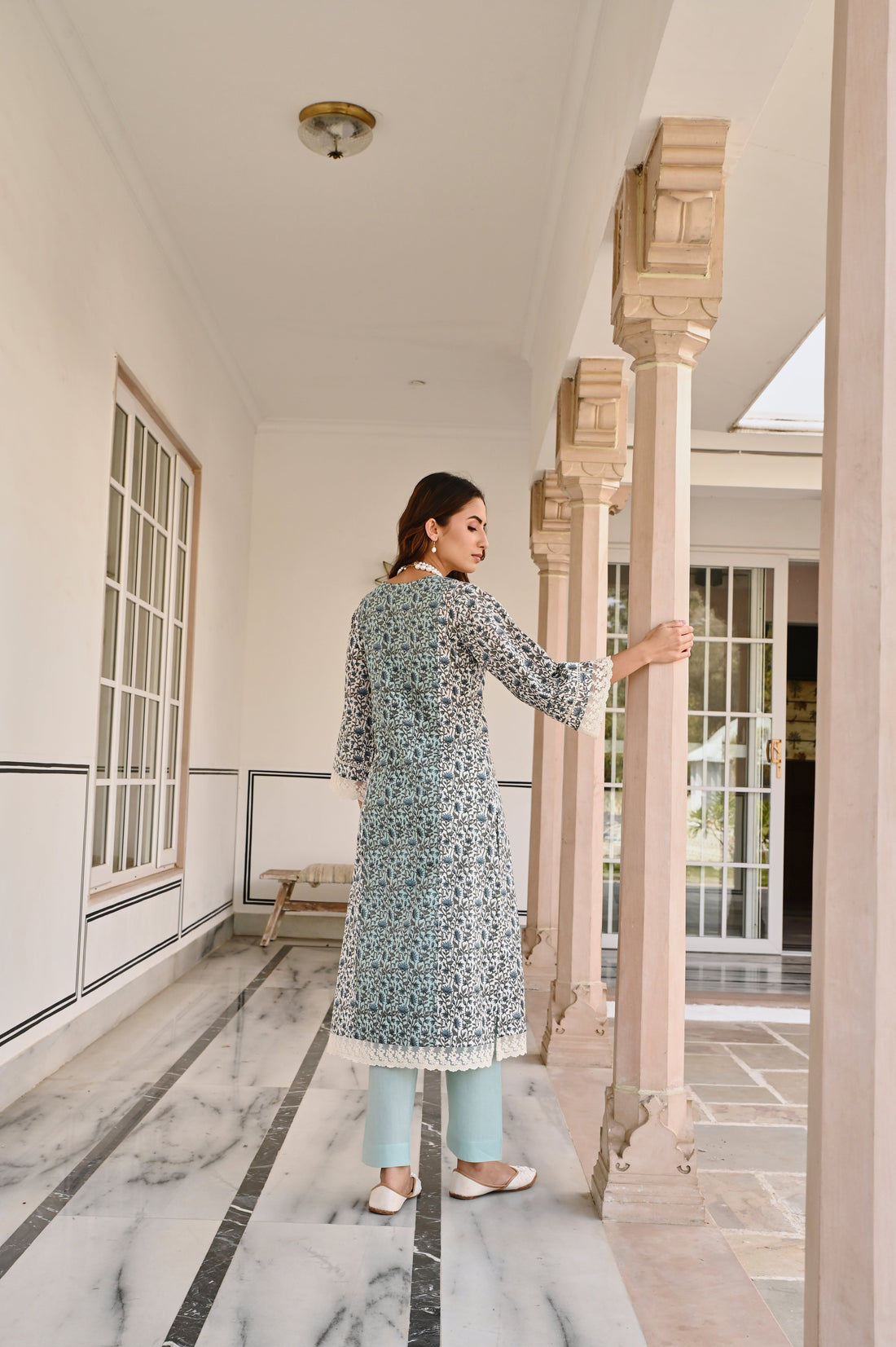 SKY BLUE LACE NECKLINE KURTA SET