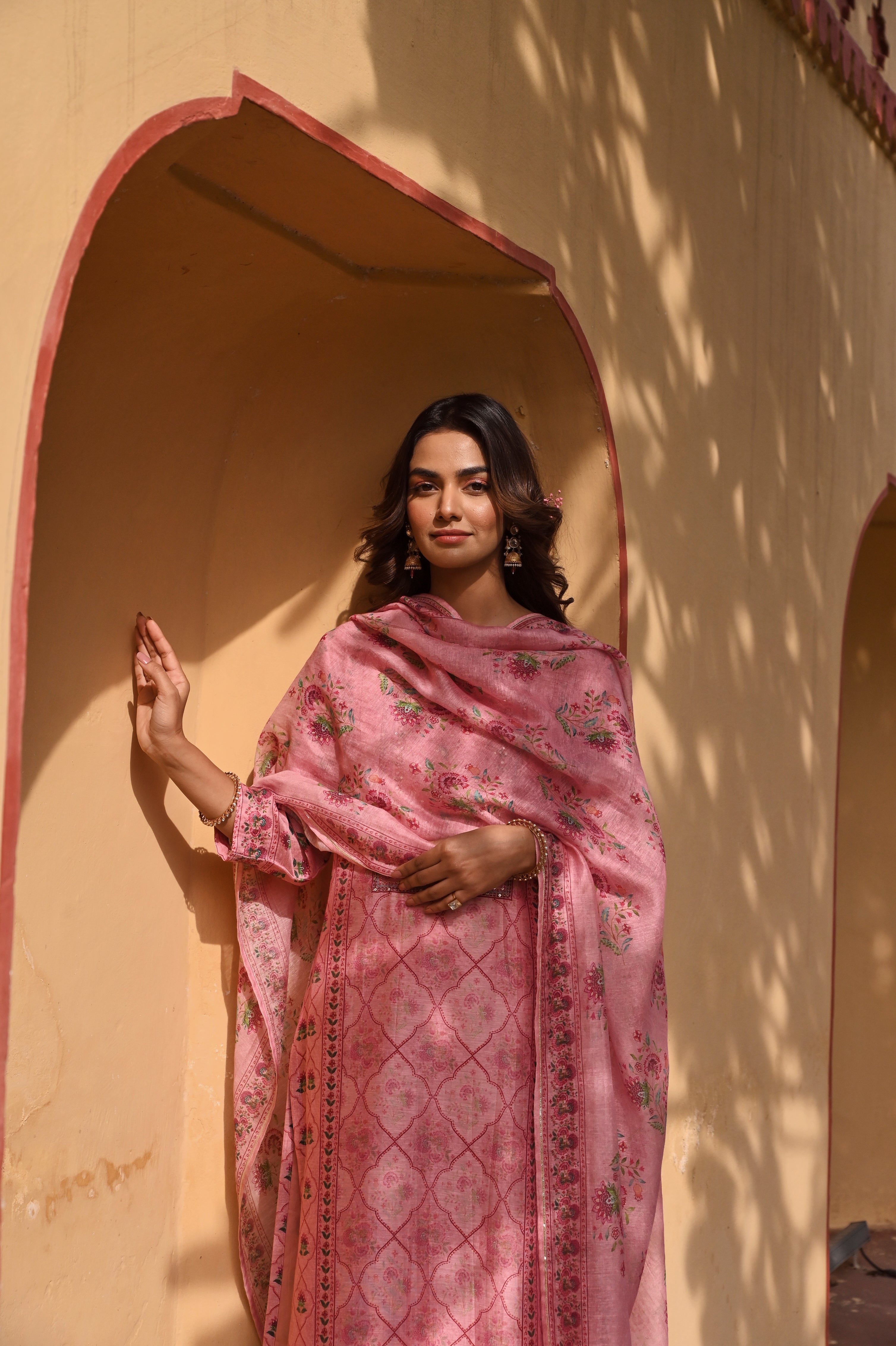 PEACH EMBROIDERED LINEN KURTA SET