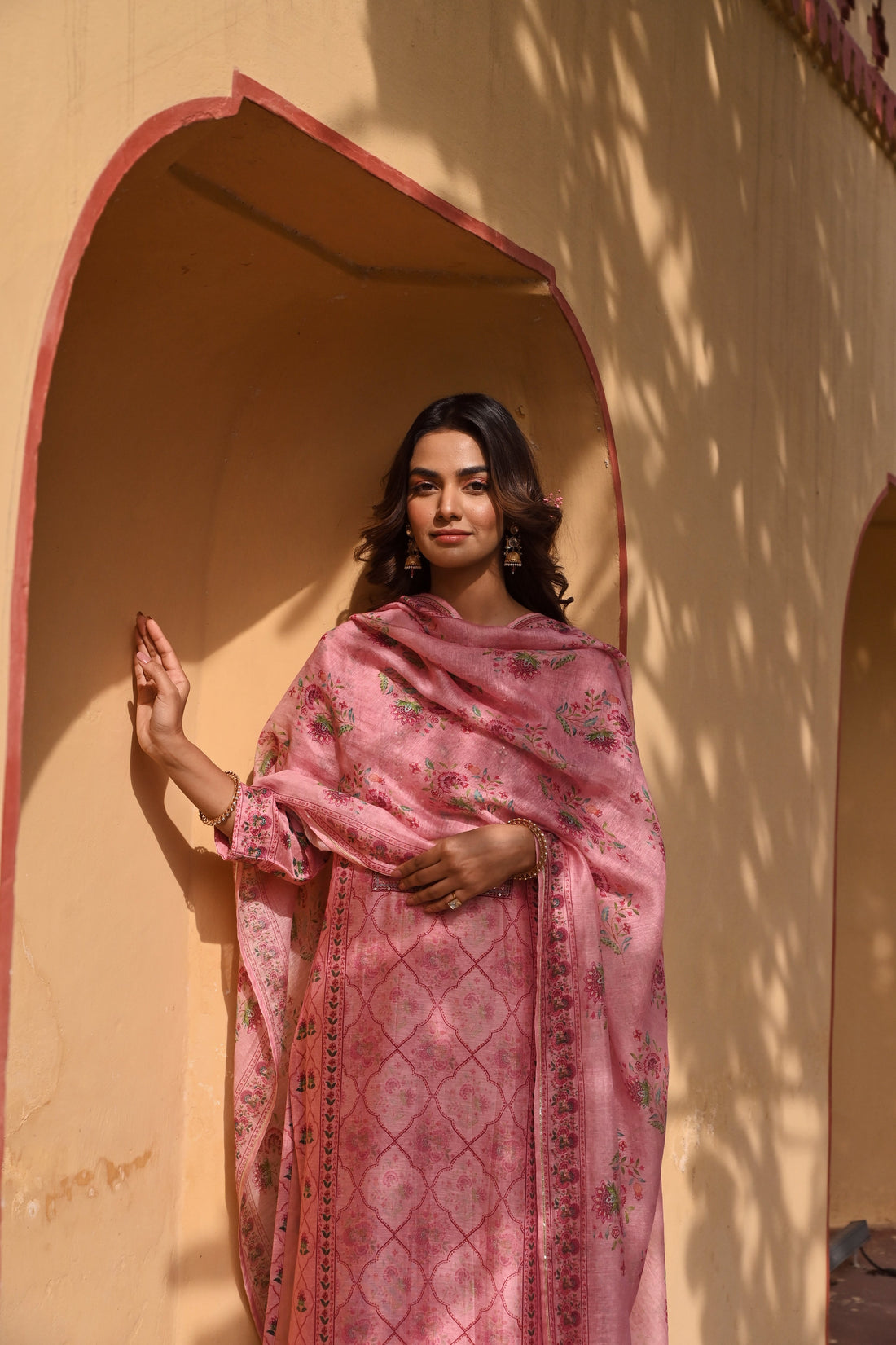PEACH EMBROIDERED LINEN KURTA SET