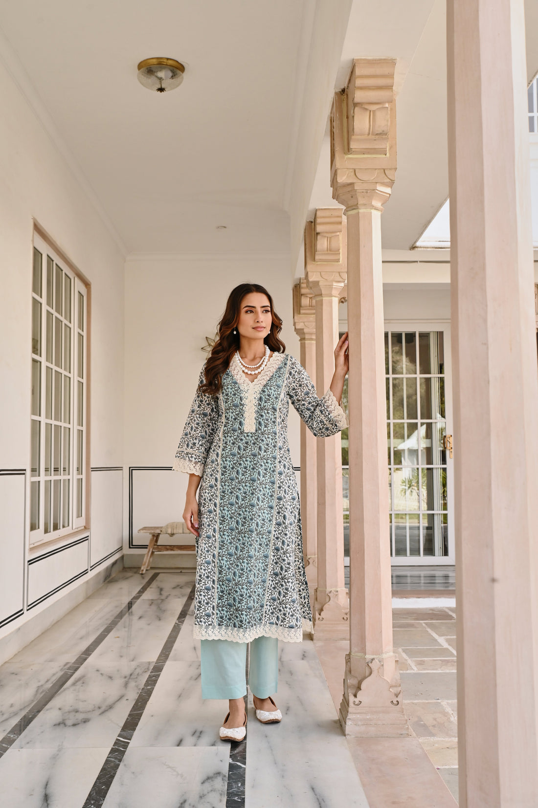 SKY BLUE LACE NECKLINE KURTA SET