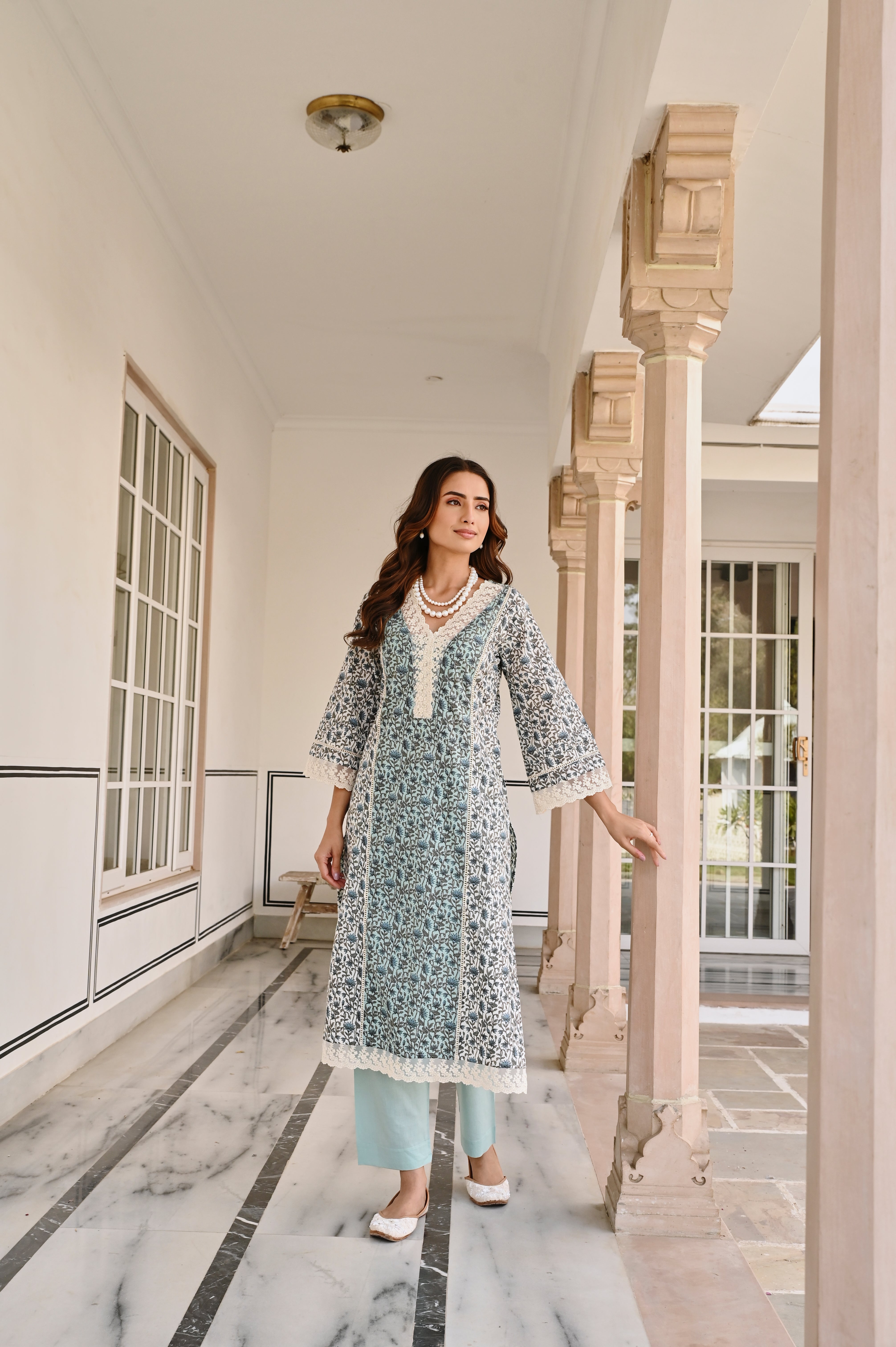 SKY BLUE LACE NECKLINE KURTA SET