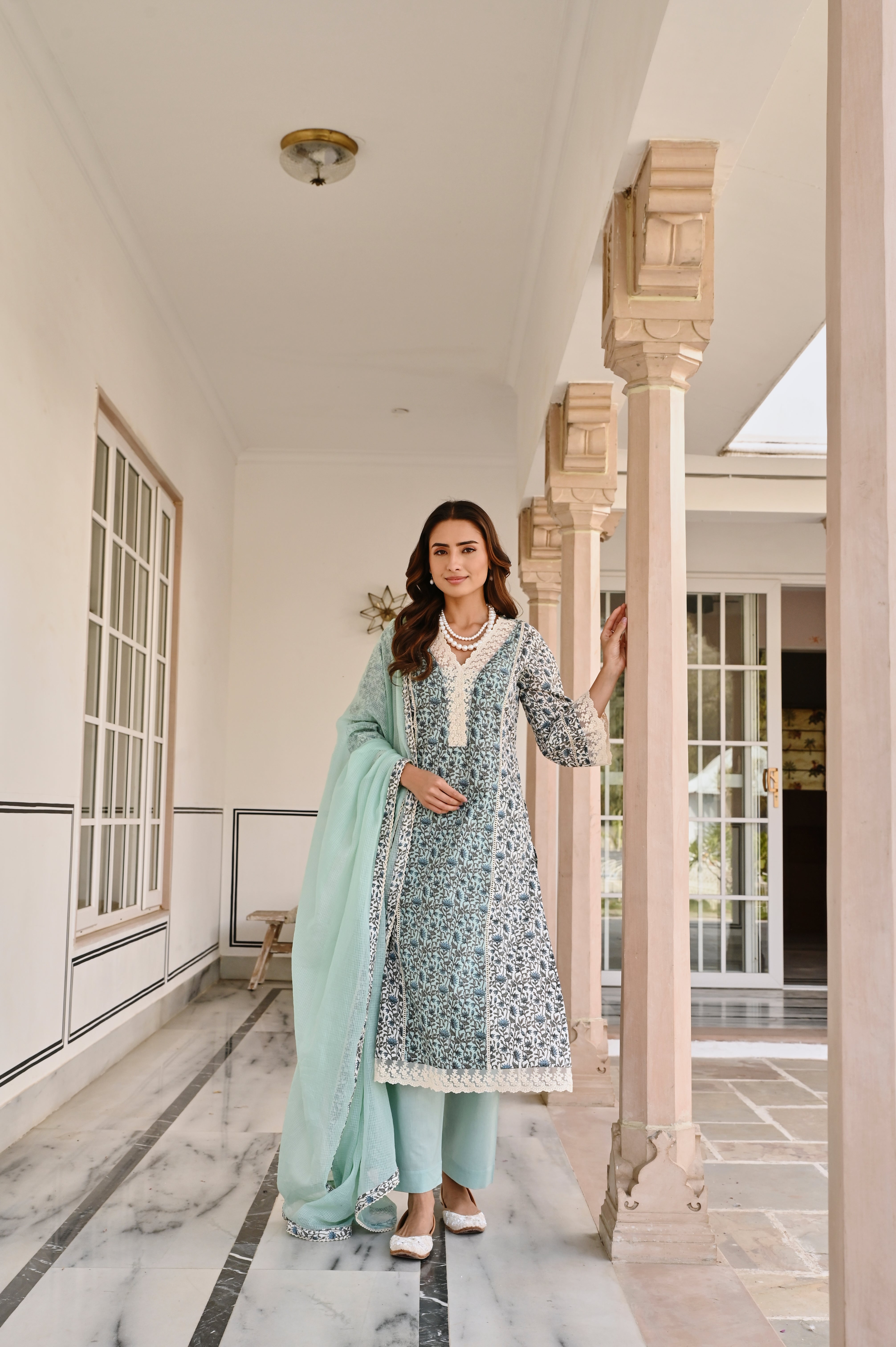 SKY BLUE LACE NECKLINE KURTA SET