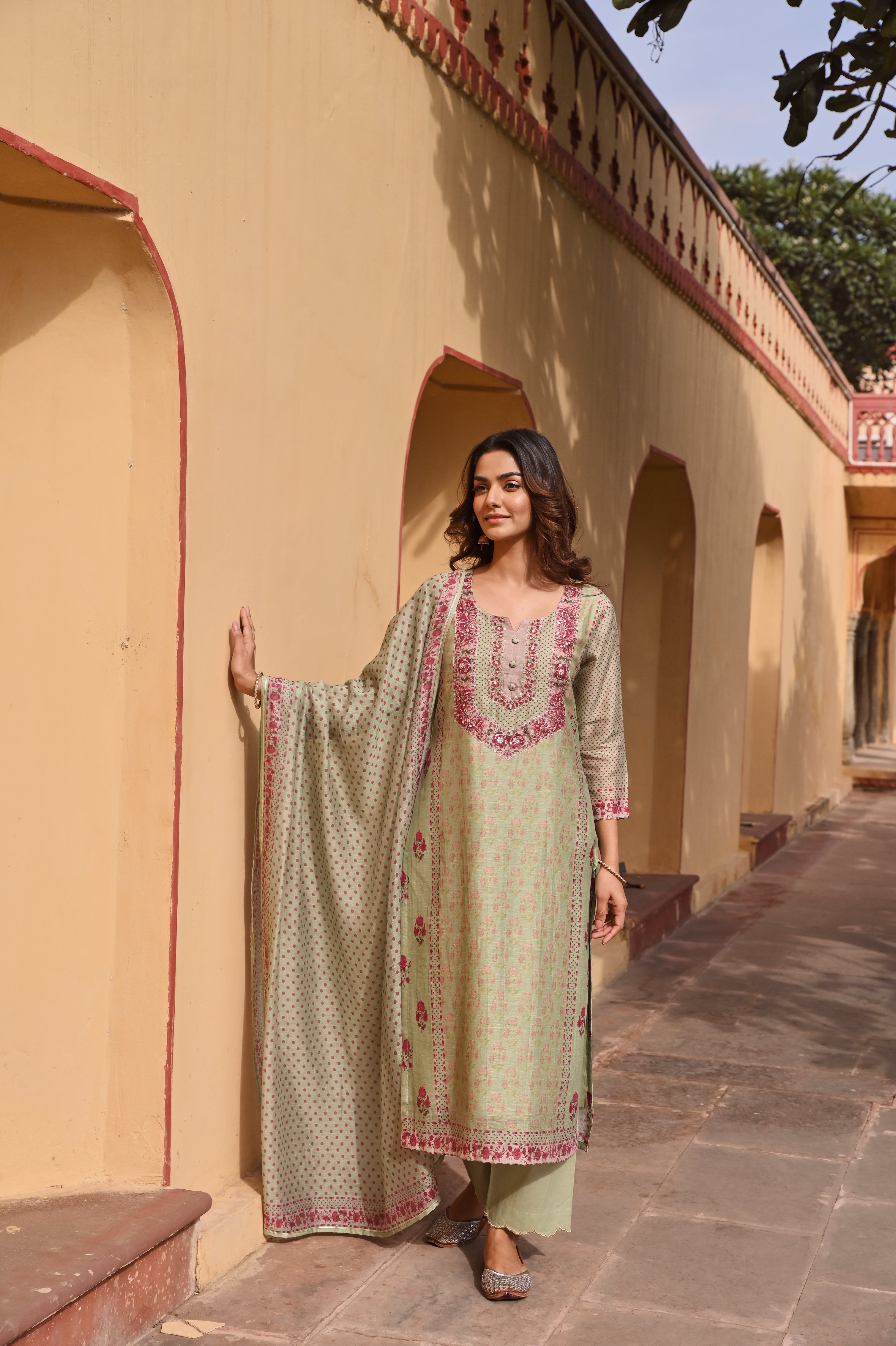 PISTA GREEN EMBROIDERED LINEN KURTA SET