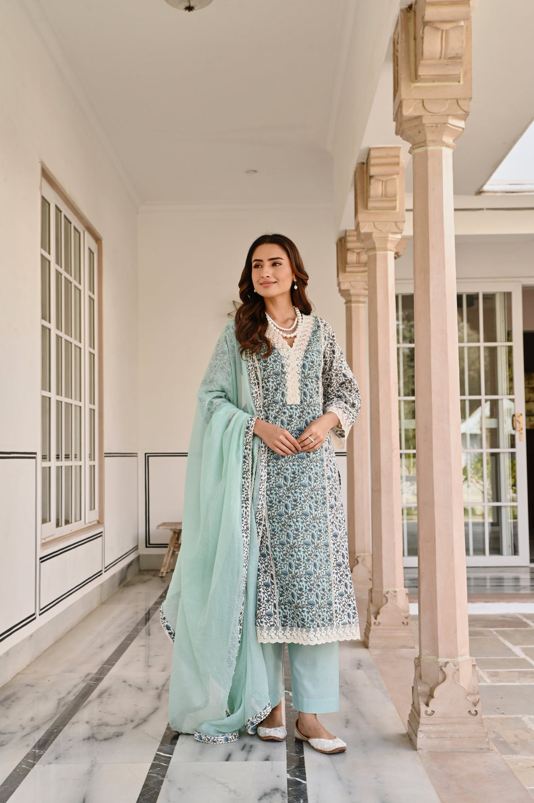 SKY BLUE LACE NECKLINE KURTA SET