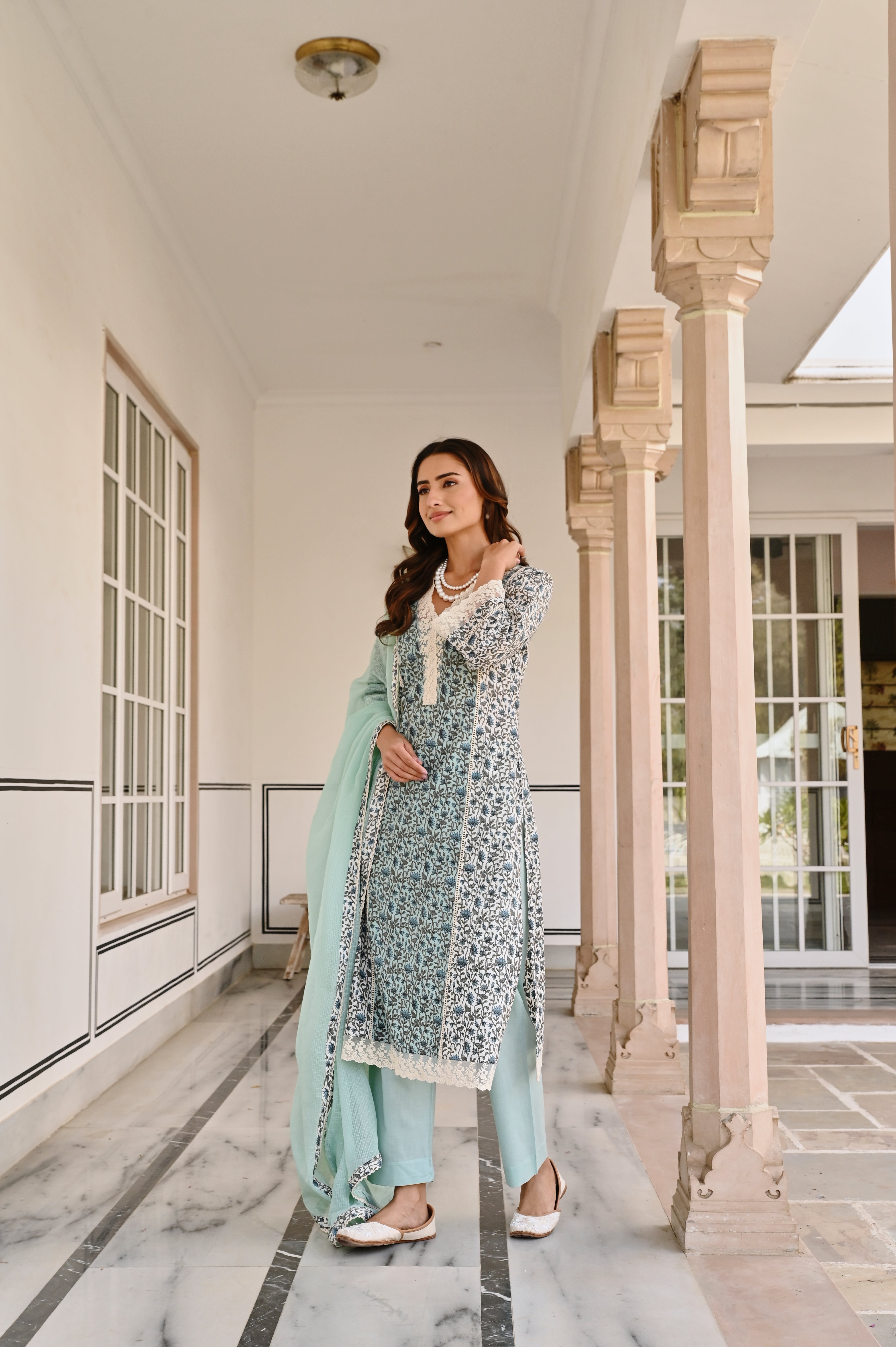 SKY BLUE LACE NECKLINE KURTA SET