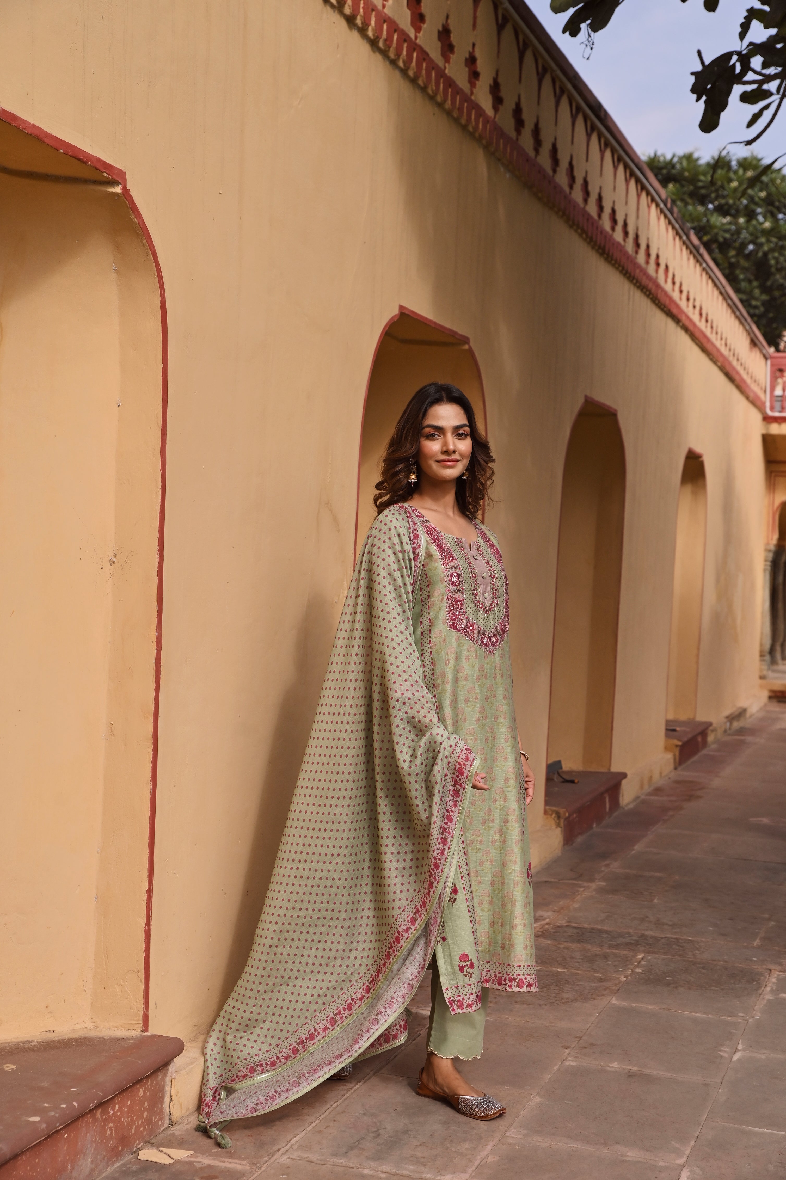 PISTA GREEN EMBROIDERED LINEN KURTA SET