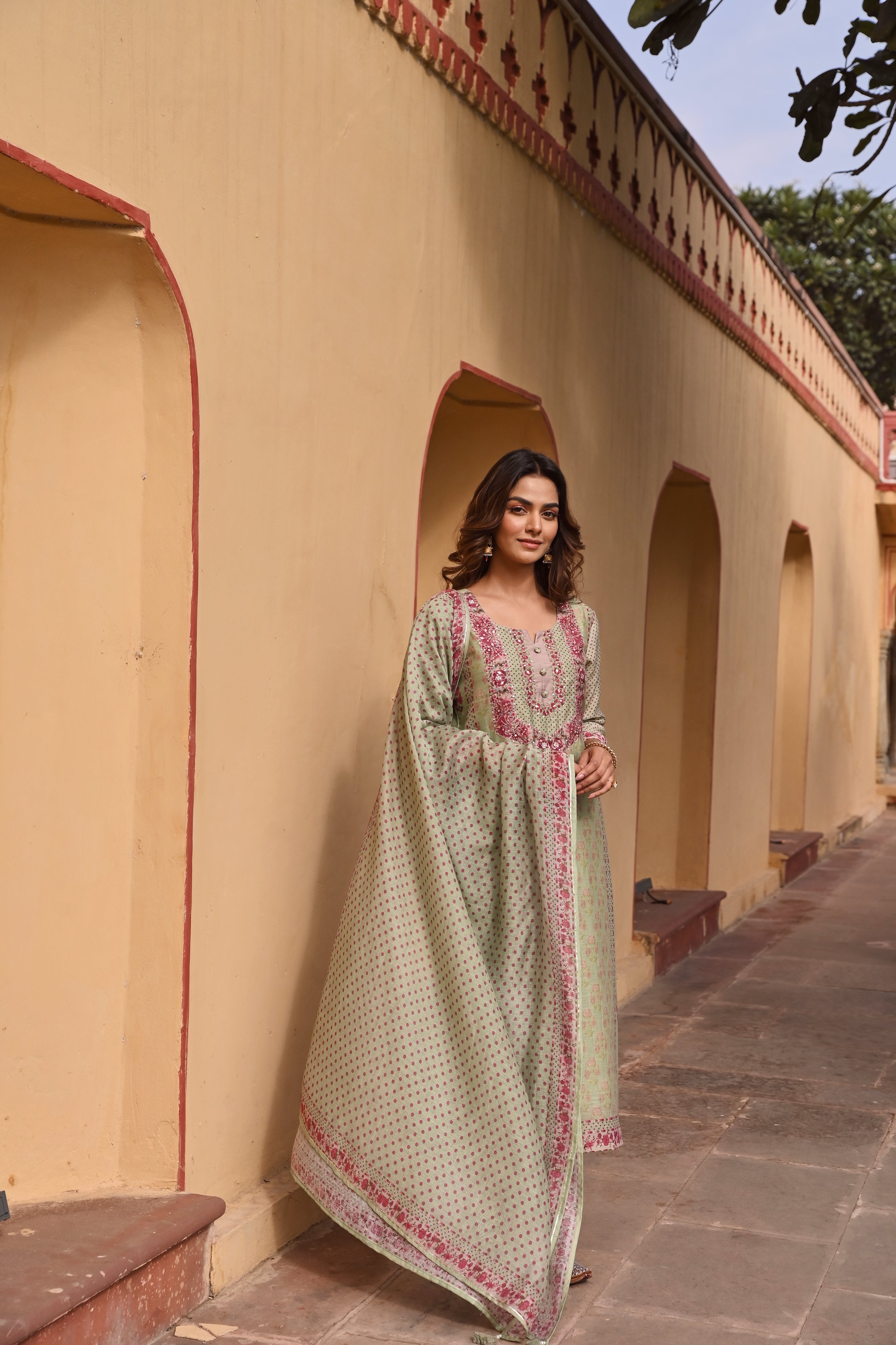 PISTA GREEN EMBROIDERED LINEN KURTA SET