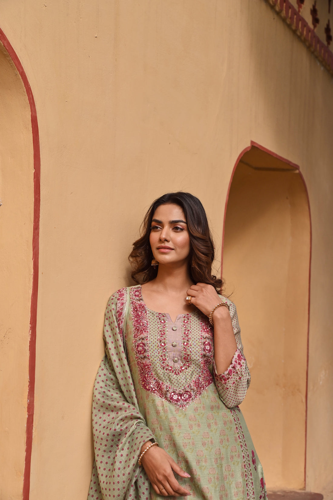 PISTA GREEN EMBROIDERED LINEN KURTA SET