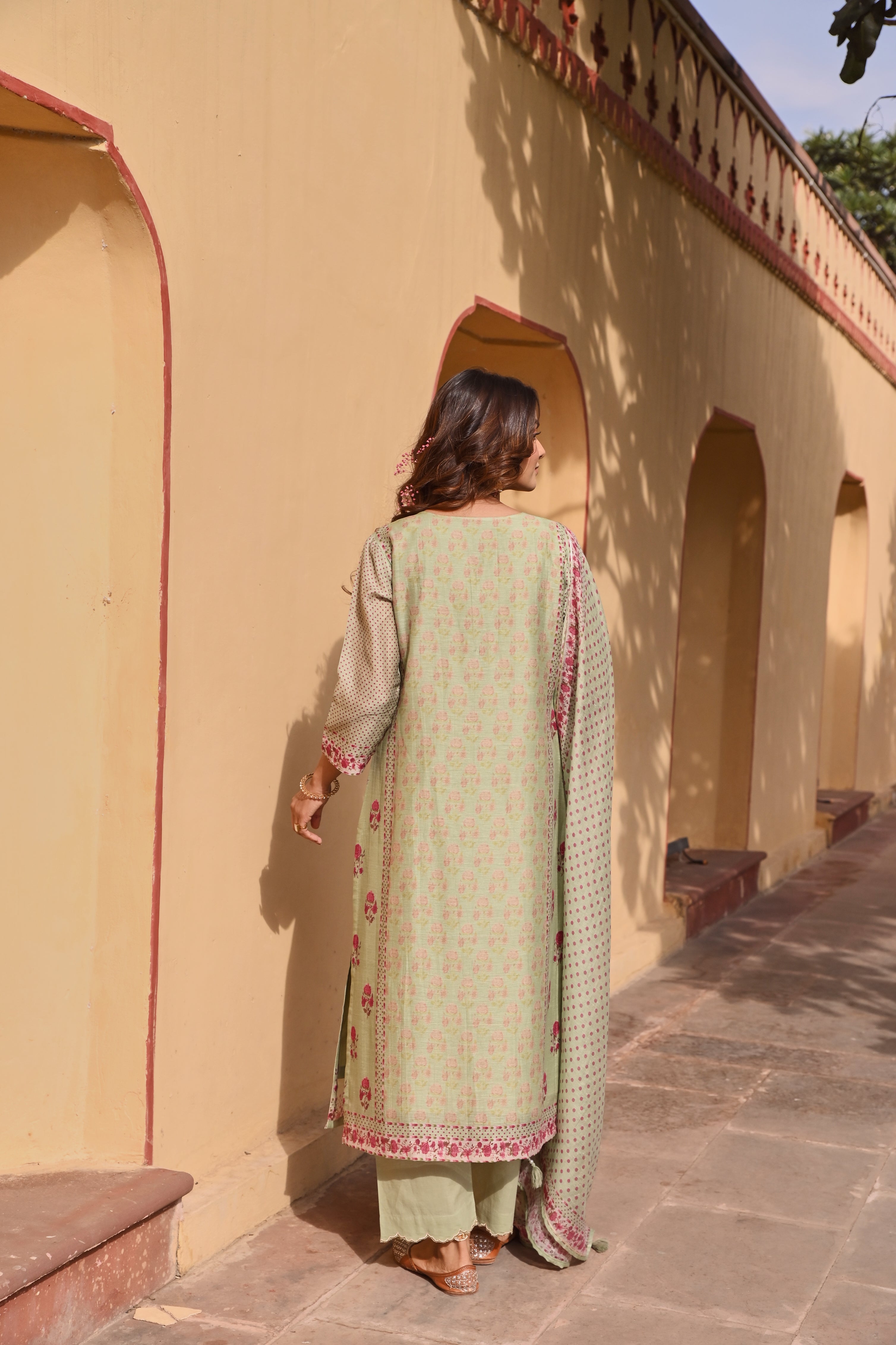 PISTA GREEN EMBROIDERED LINEN KURTA SET