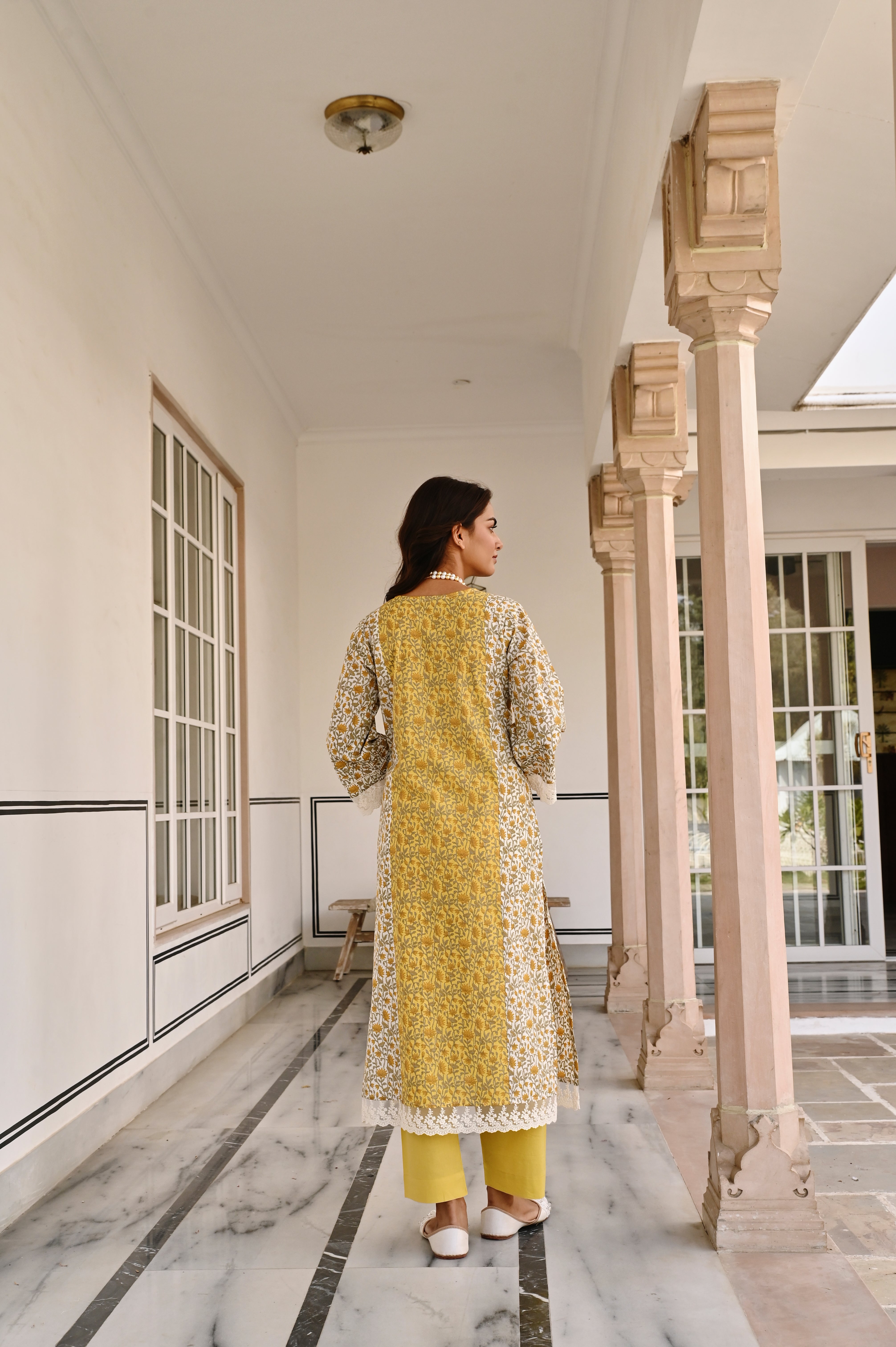 MUSTARD LACE NECKLINE KURTA SET