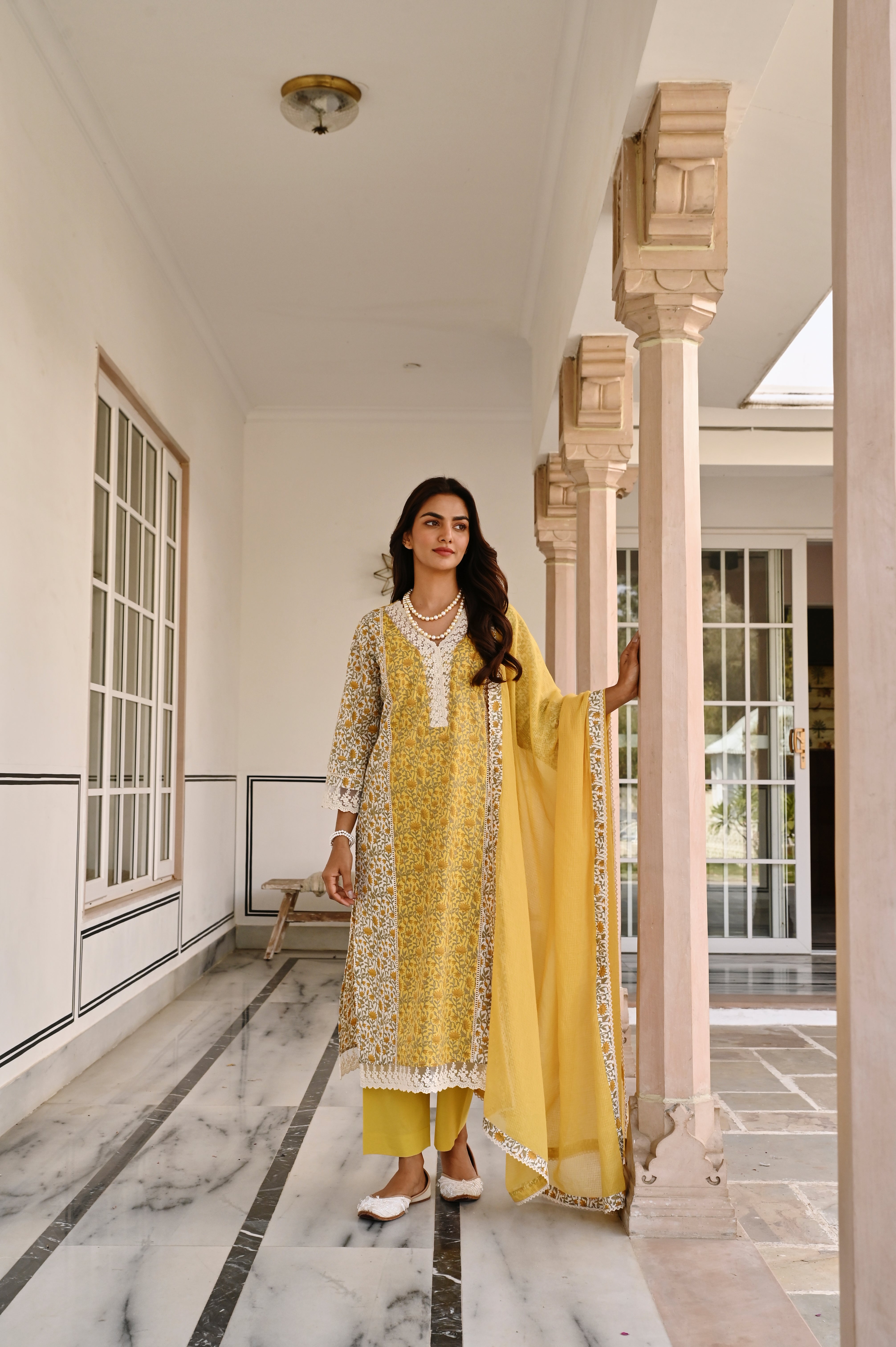 MUSTARD LACE NECKLINE KURTA SET