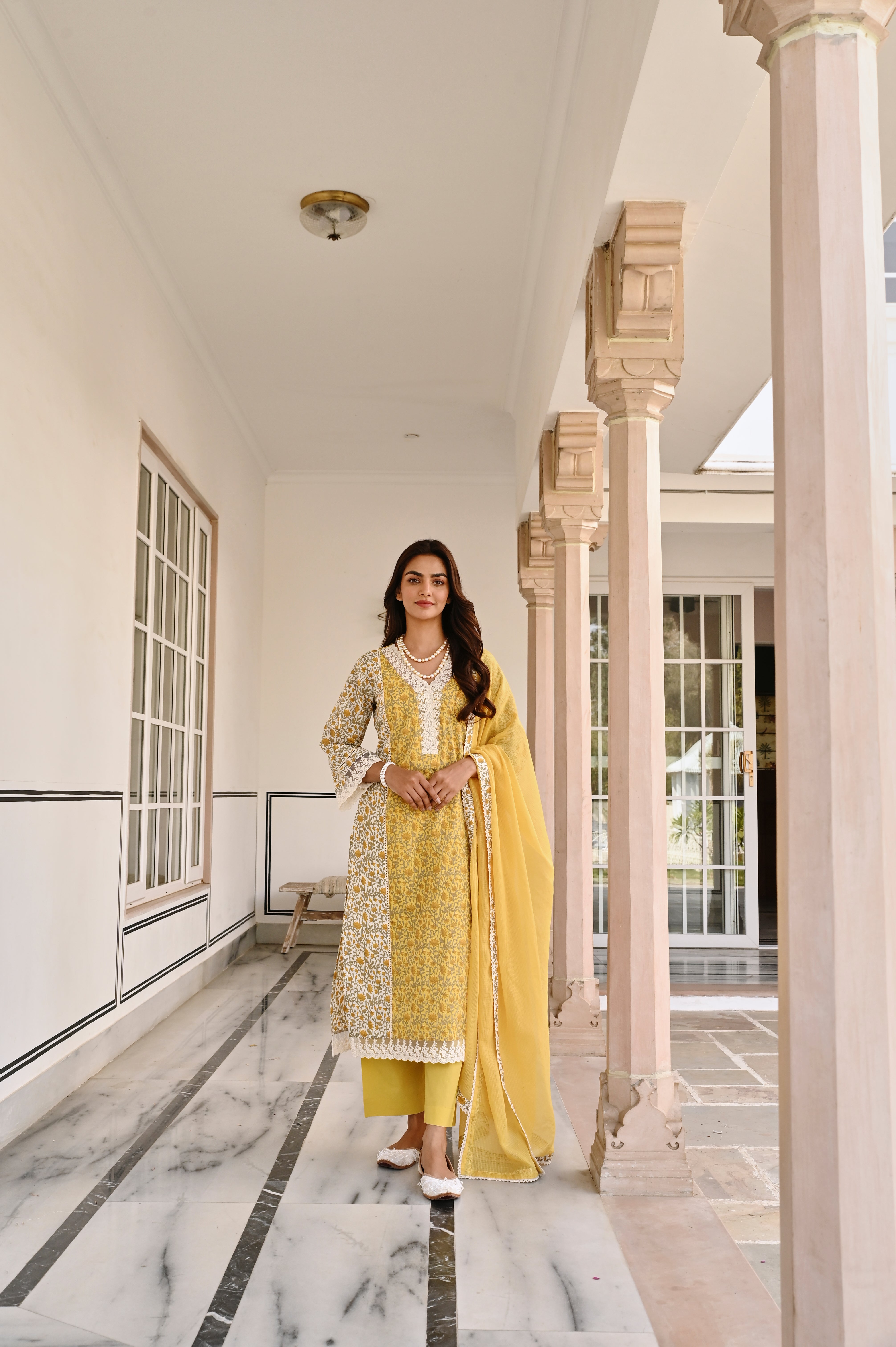 MUSTARD LACE NECKLINE KURTA SET