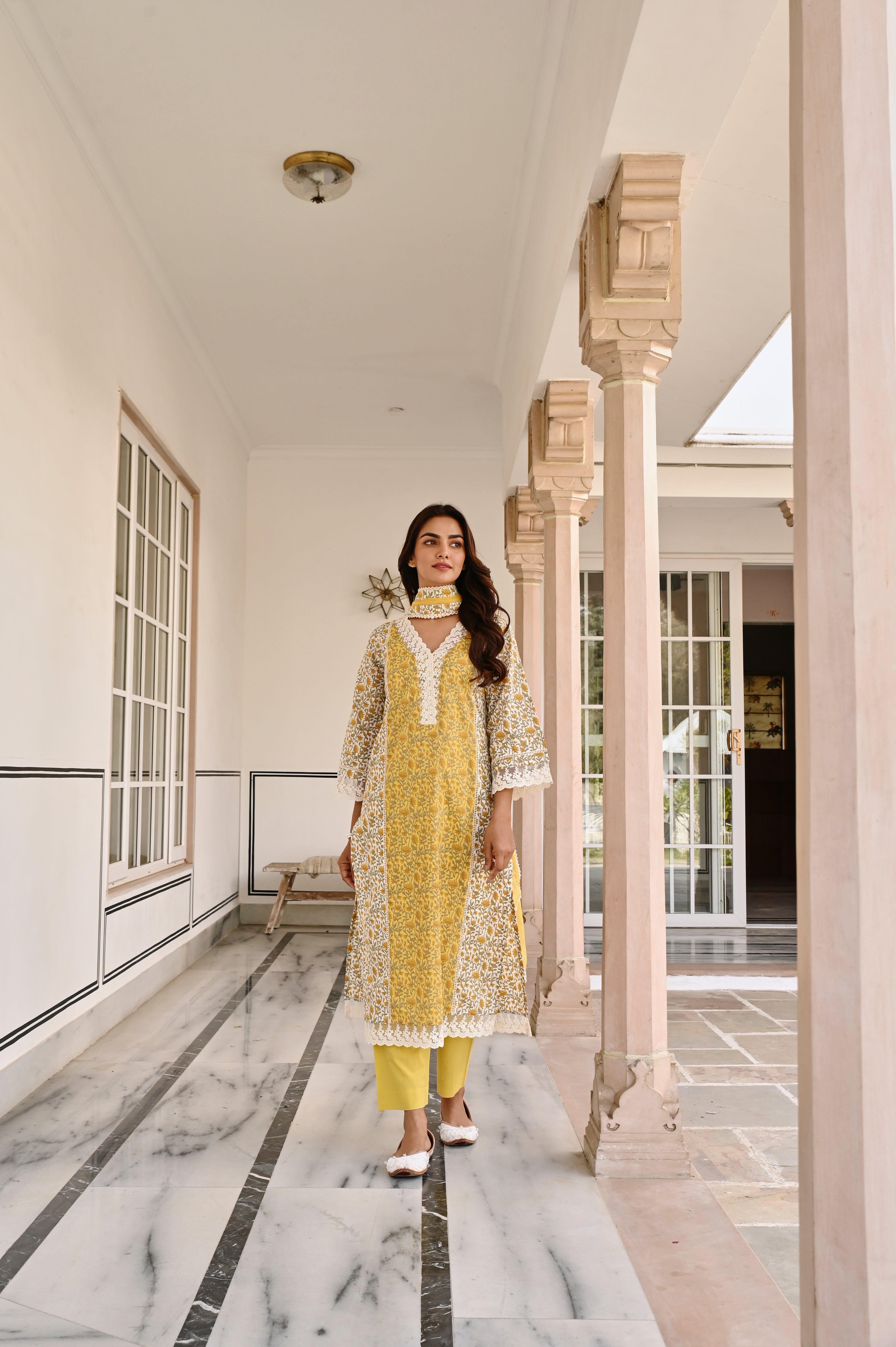 MUSTARD LACE NECKLINE KURTA SET