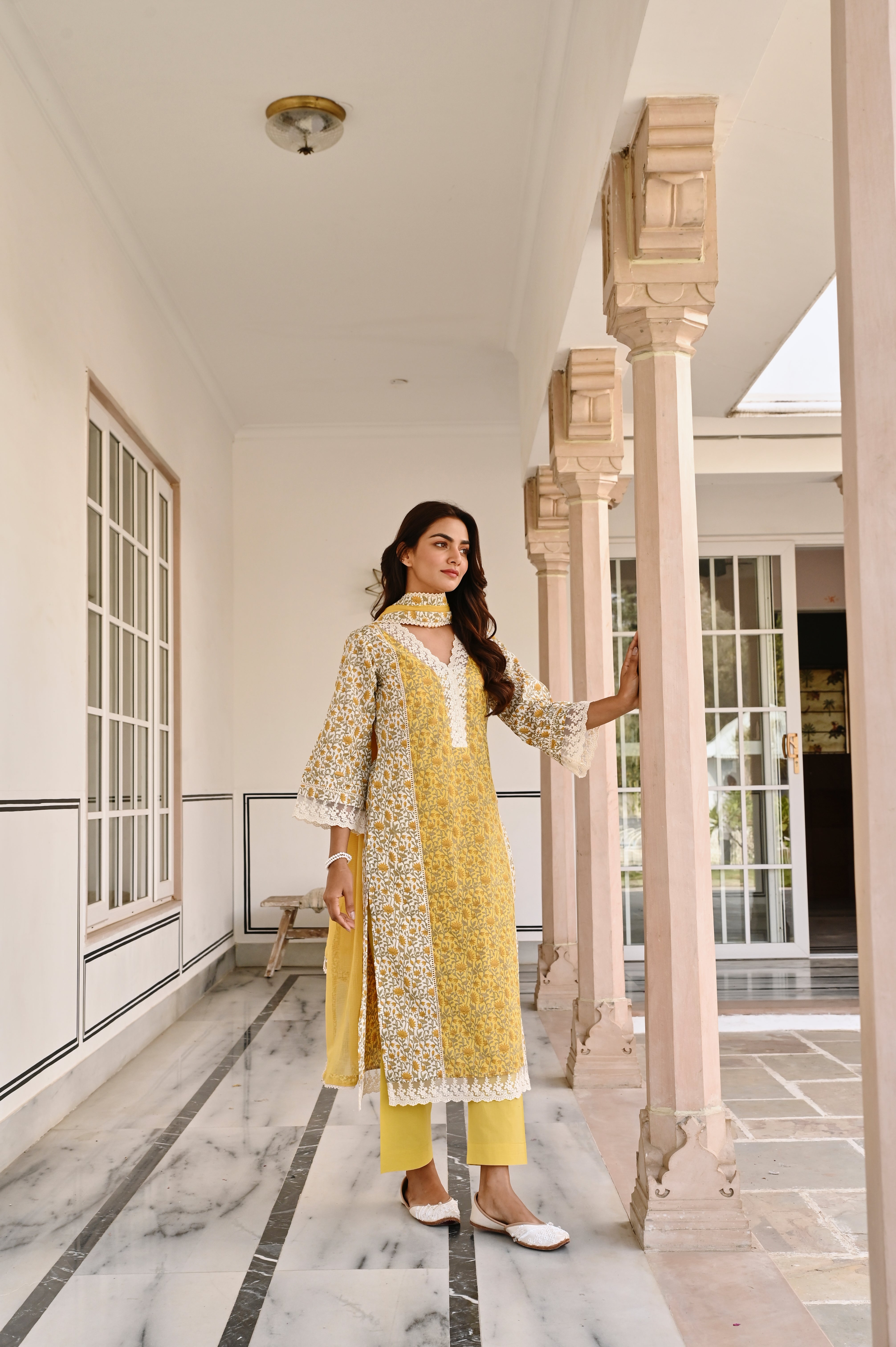 MUSTARD LACE NECKLINE KURTA SET