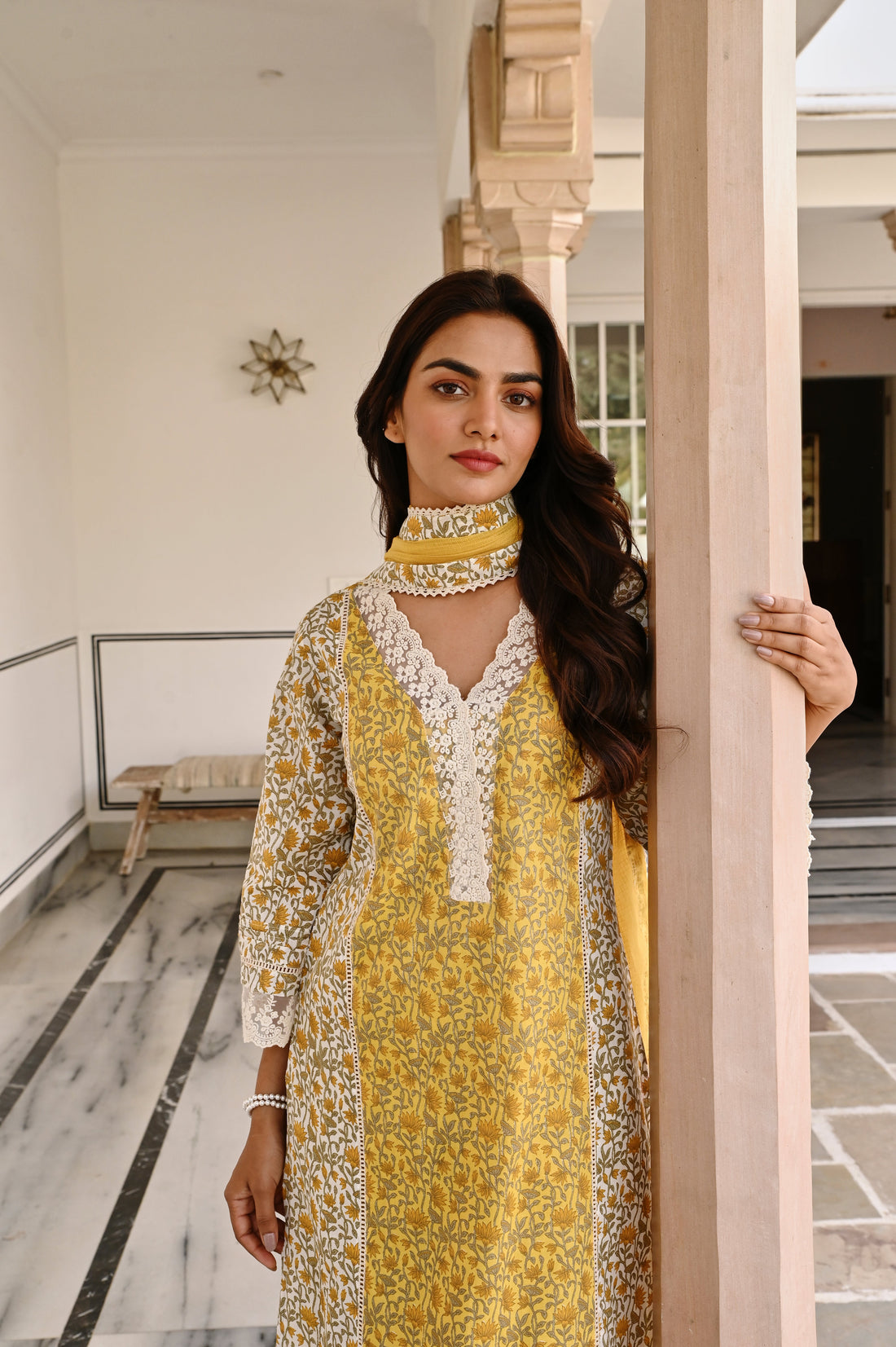 MUSTARD LACE NECKLINE KURTA SET