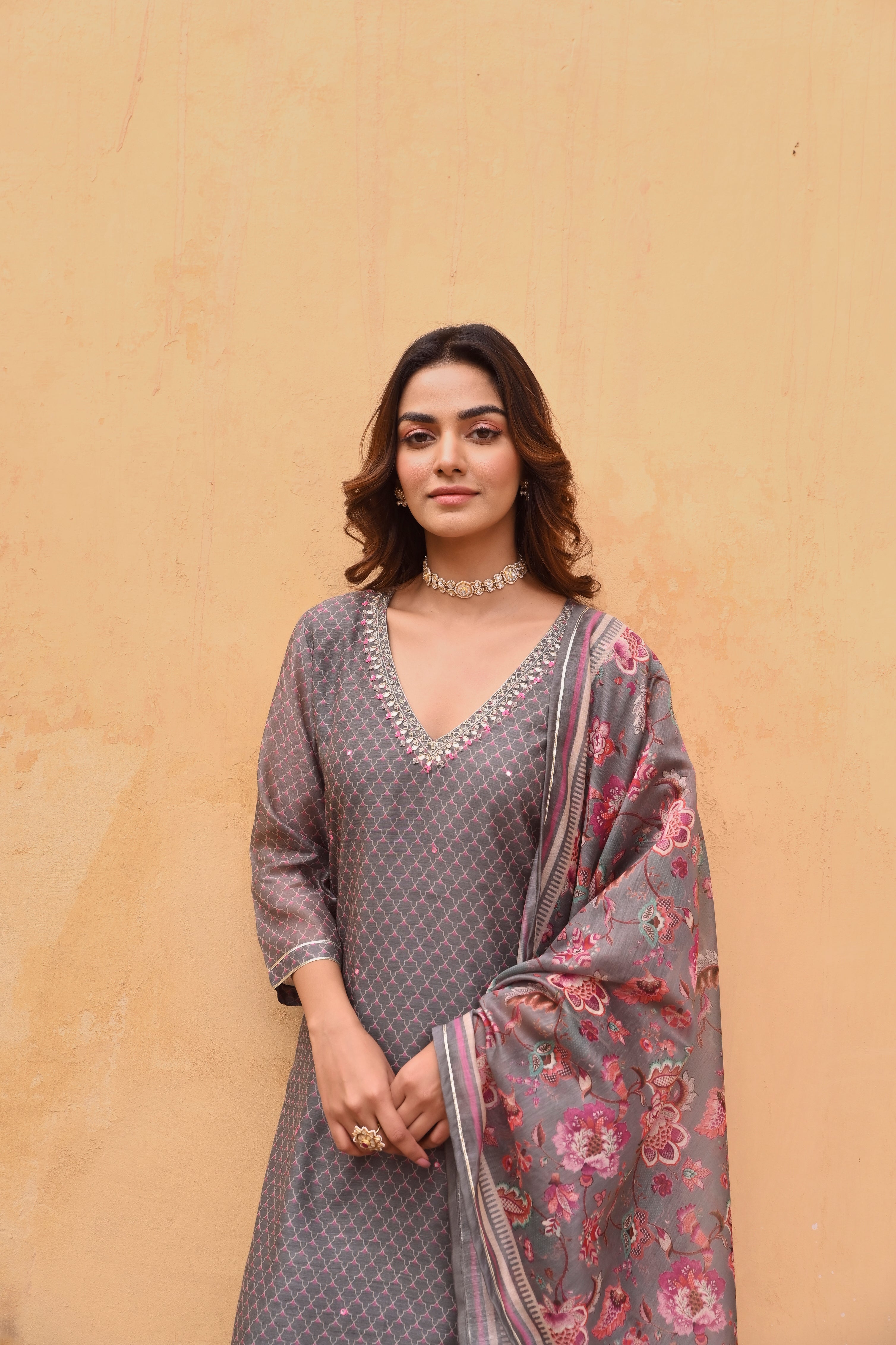 GREY CHANDERI EMBROIDERED KURTA