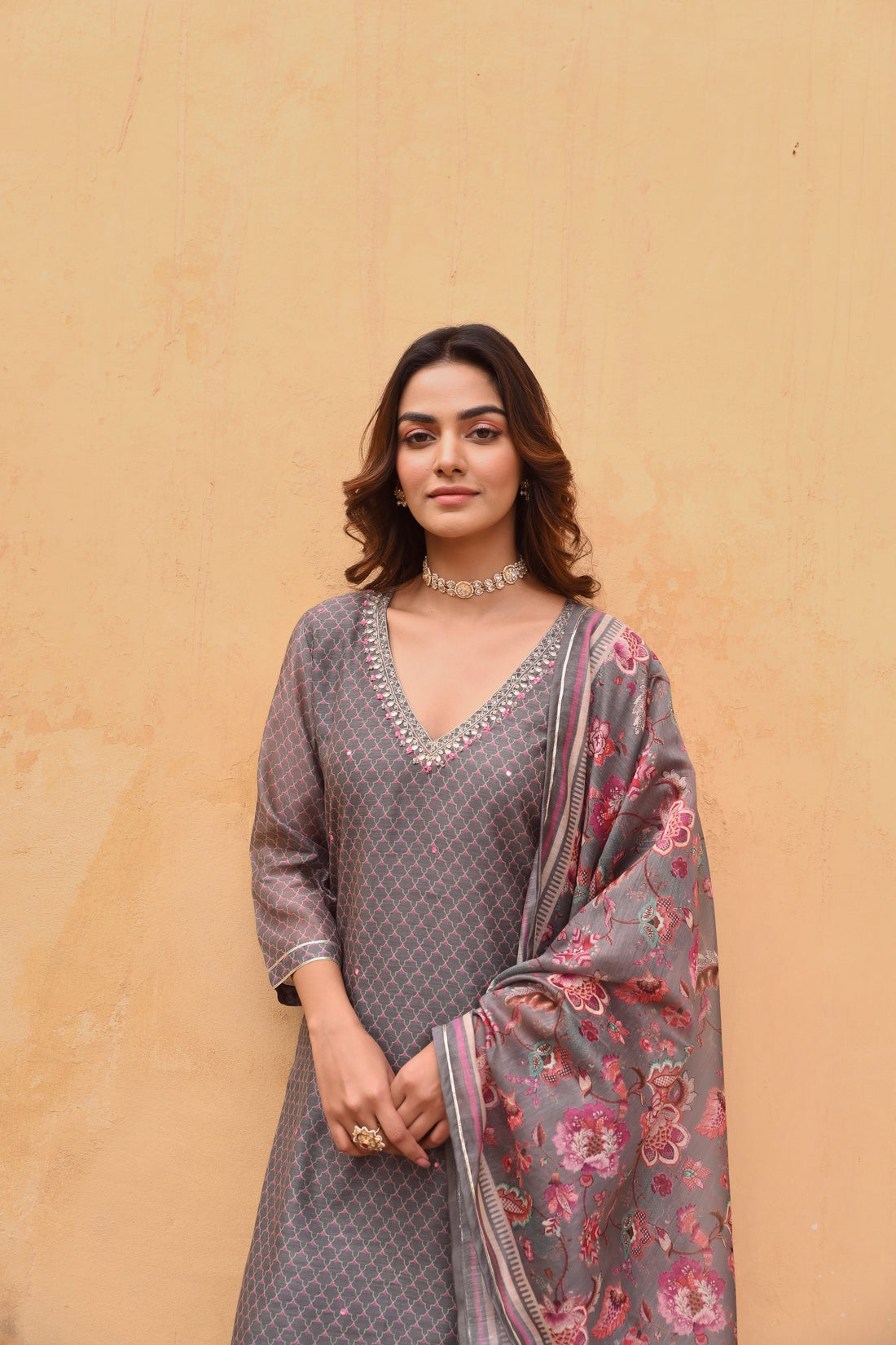 GREY CHANDERI EMBROIDERED KURTA