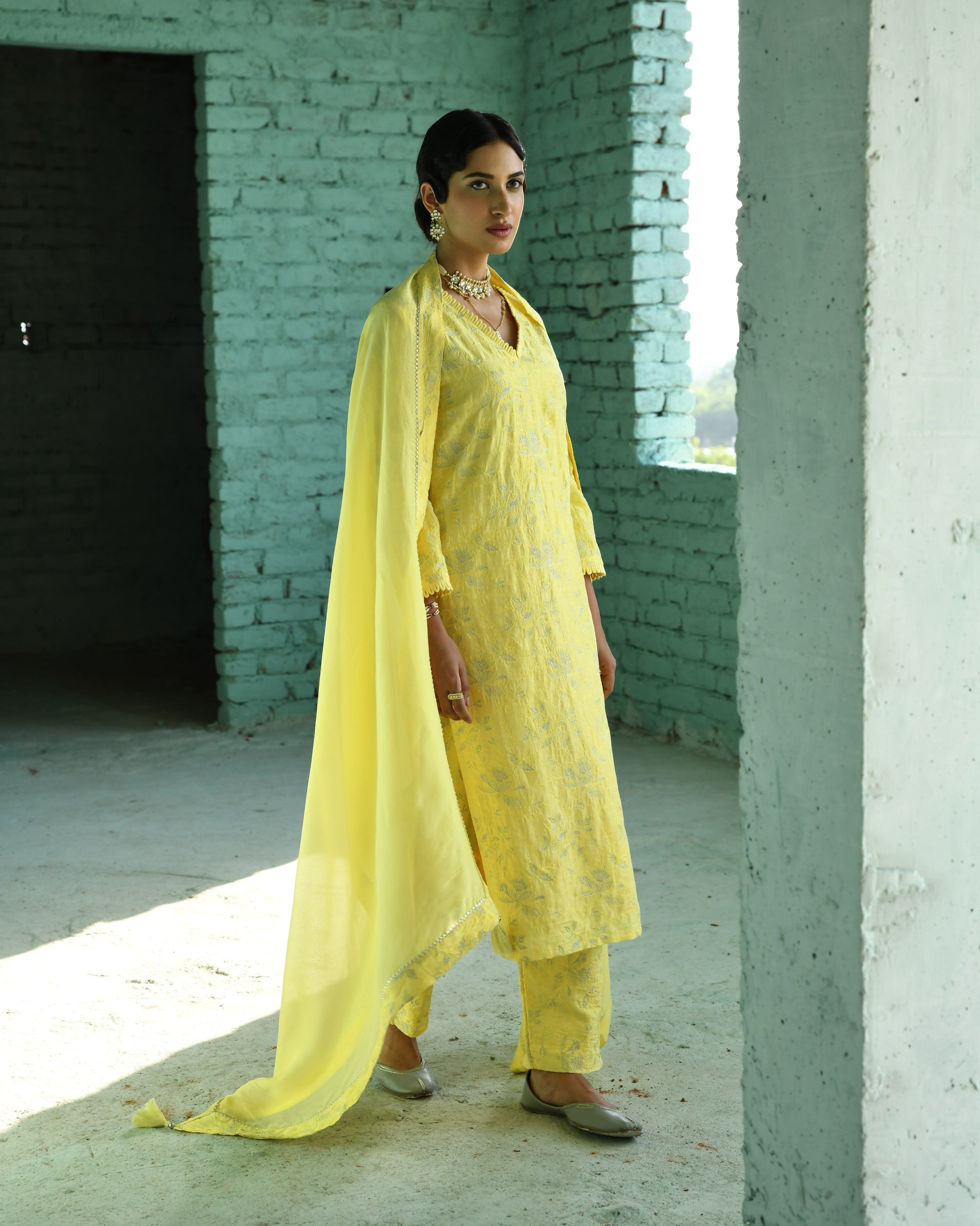 YELLOW EMBROIDERED KURTA SET