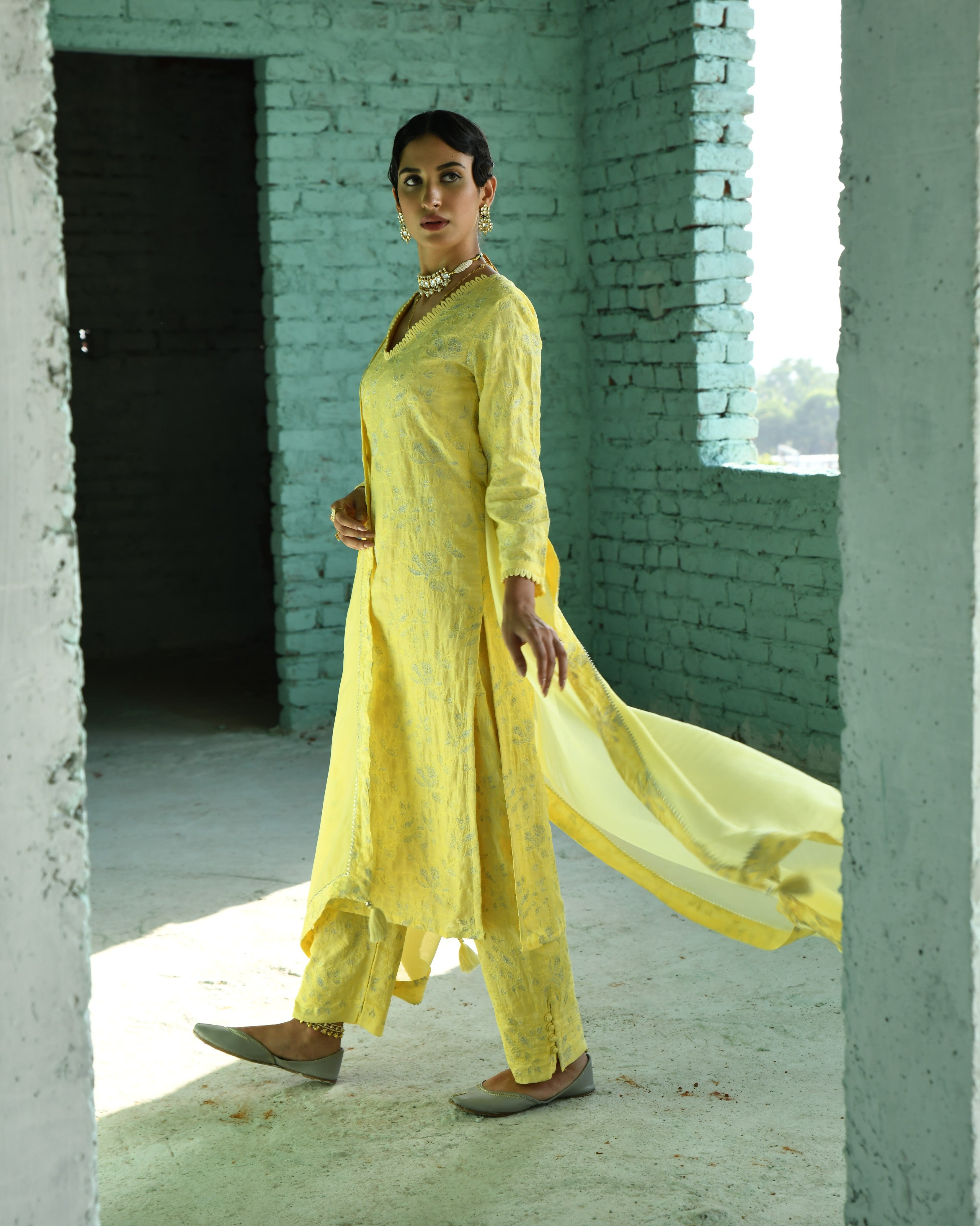 YELLOW EMBROIDERED KURTA SET