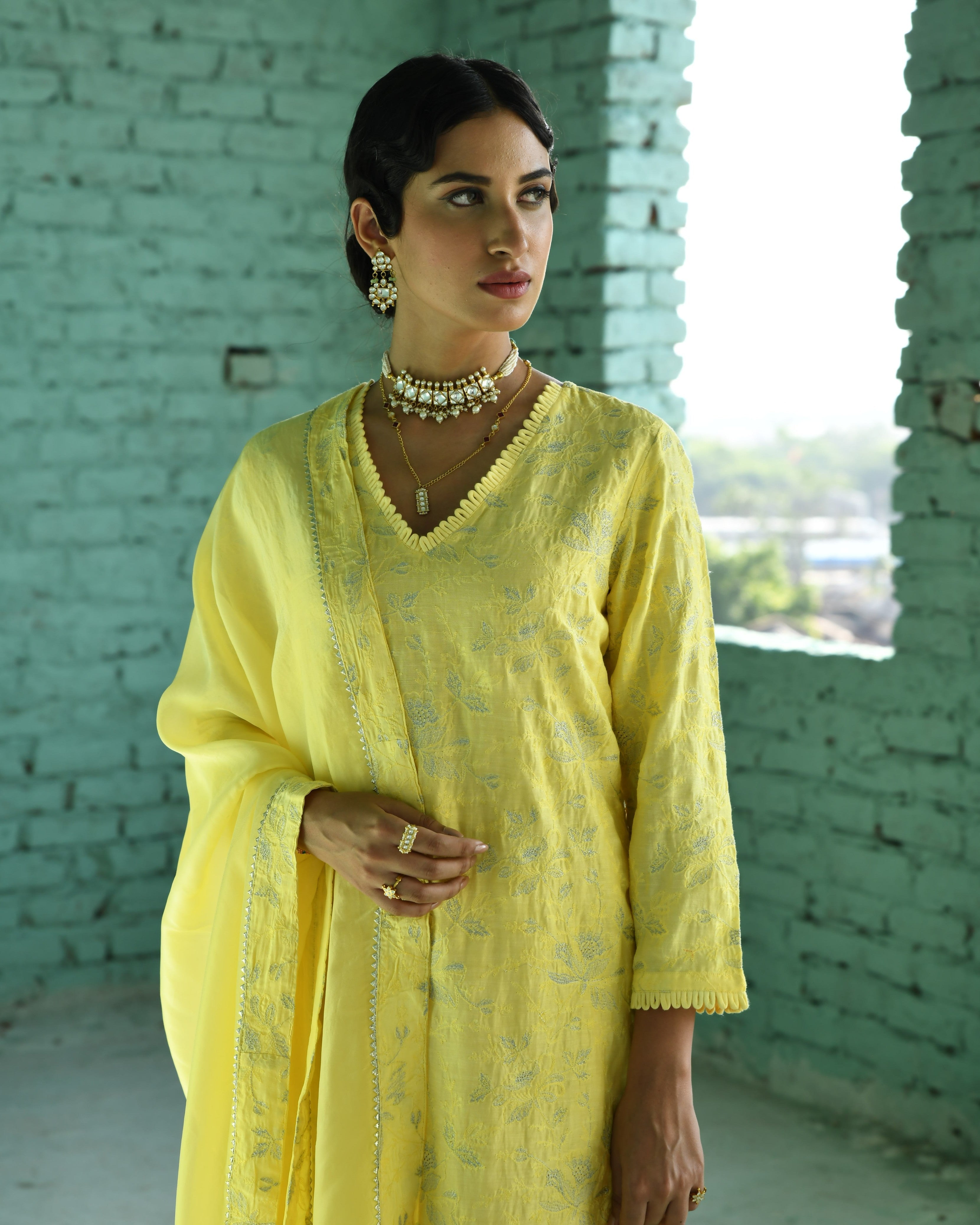 YELLOW EMBROIDERED KURTA SET