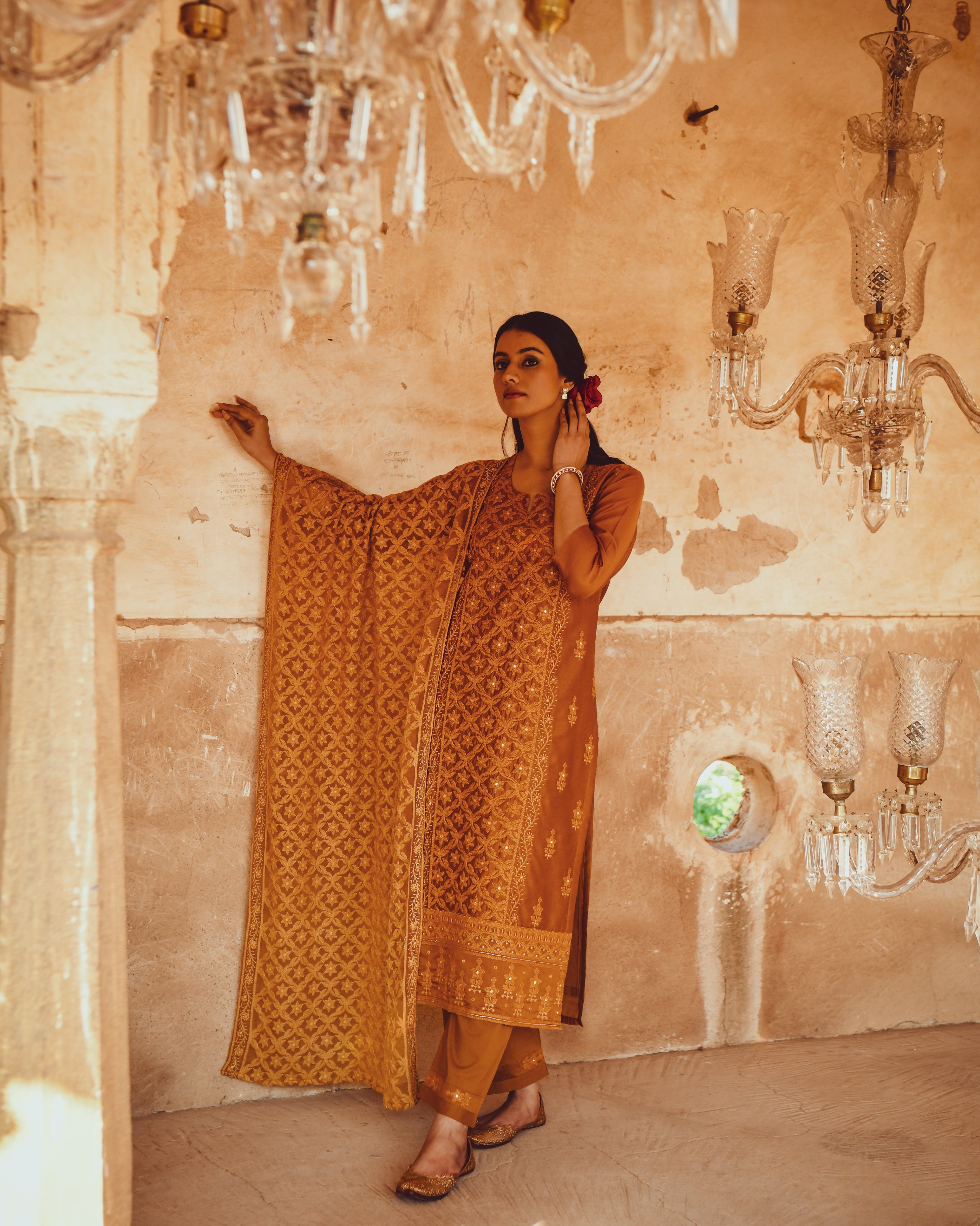 JASHN MUSTARD CHIKANKARI EMBROIDERED KURTA WITH SPLASHED MOTIF