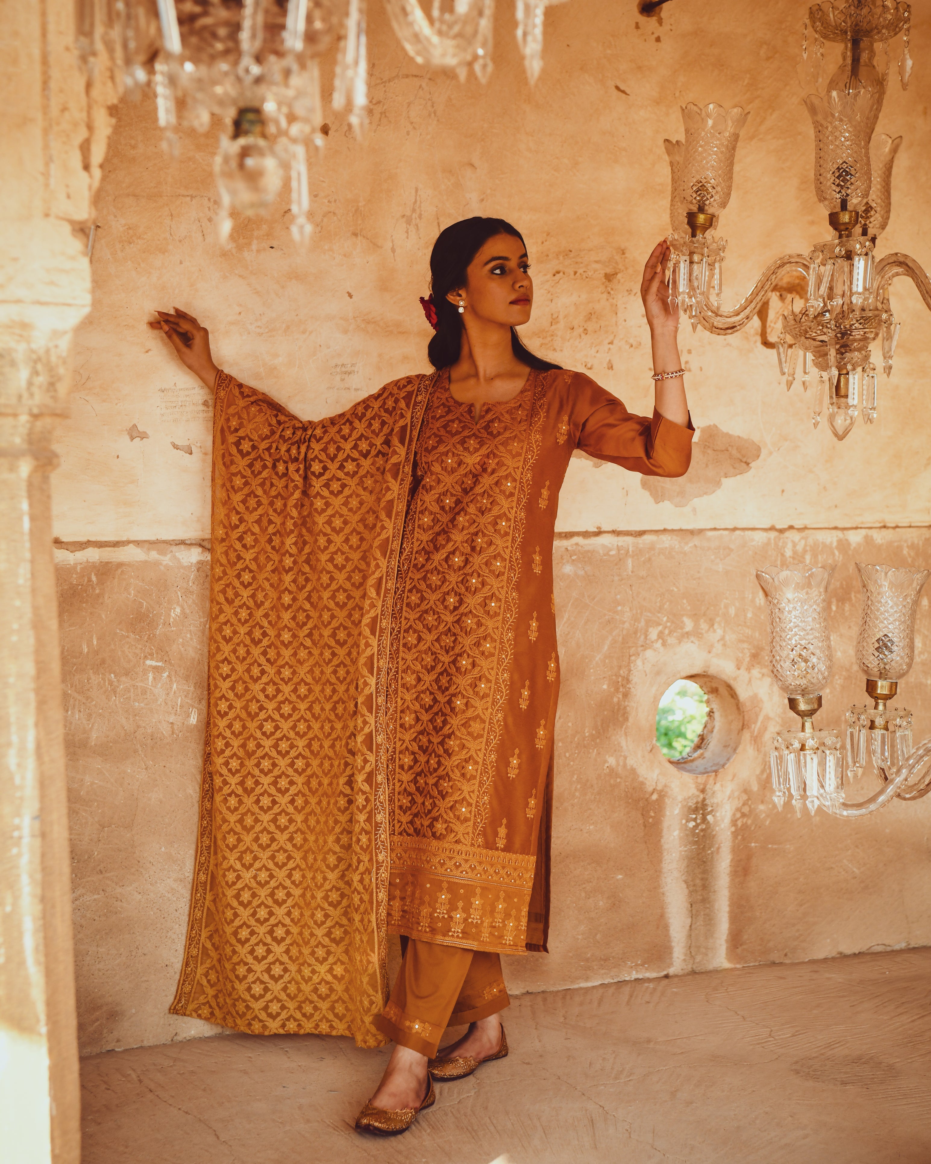 JASHN MUSTARD CHIKANKARI EMBROIDERED KURTA WITH SPLASHED MOTIF