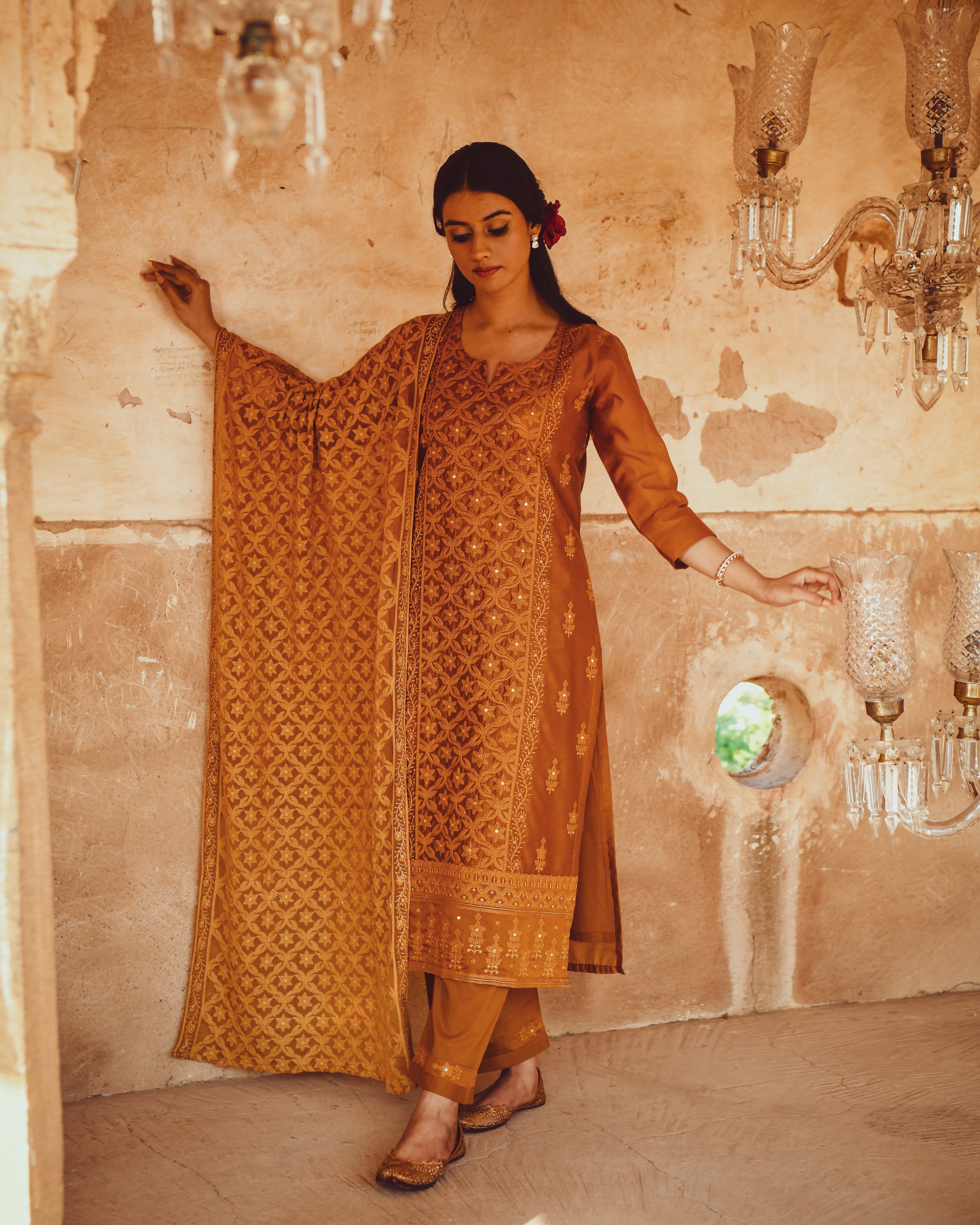 JASHN MUSTARD CHIKANKARI EMBROIDERED KURTA WITH SPLASHED MOTIF