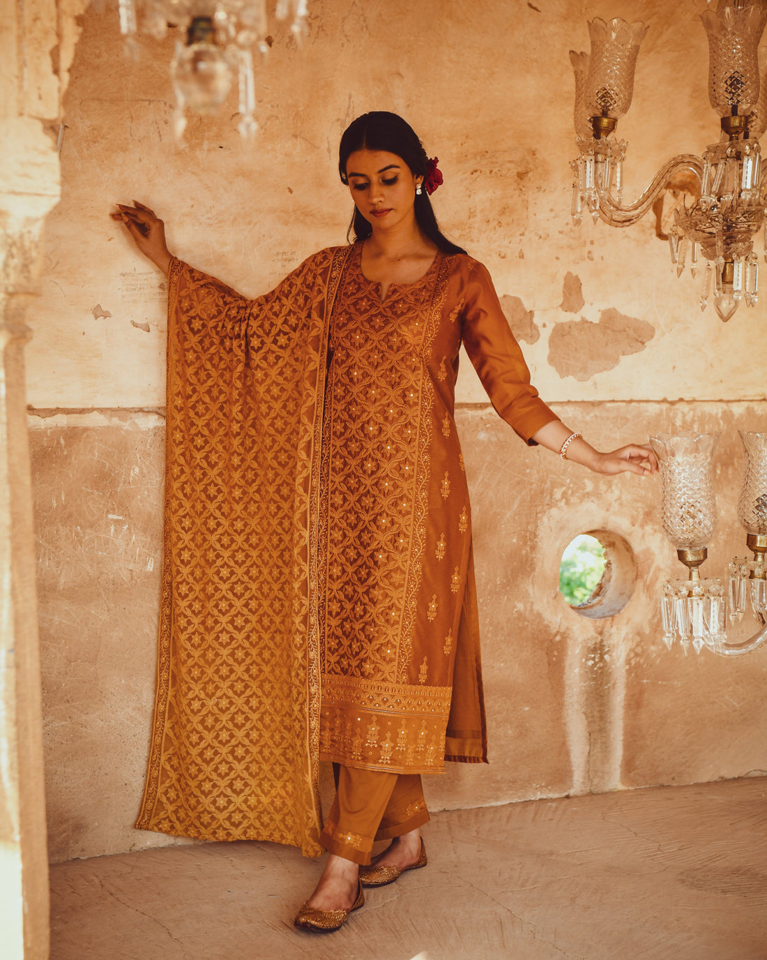 JASHN MUSTARD CHIKANKARI EMBROIDERED KURTA WITH SPLASHED MOTIF