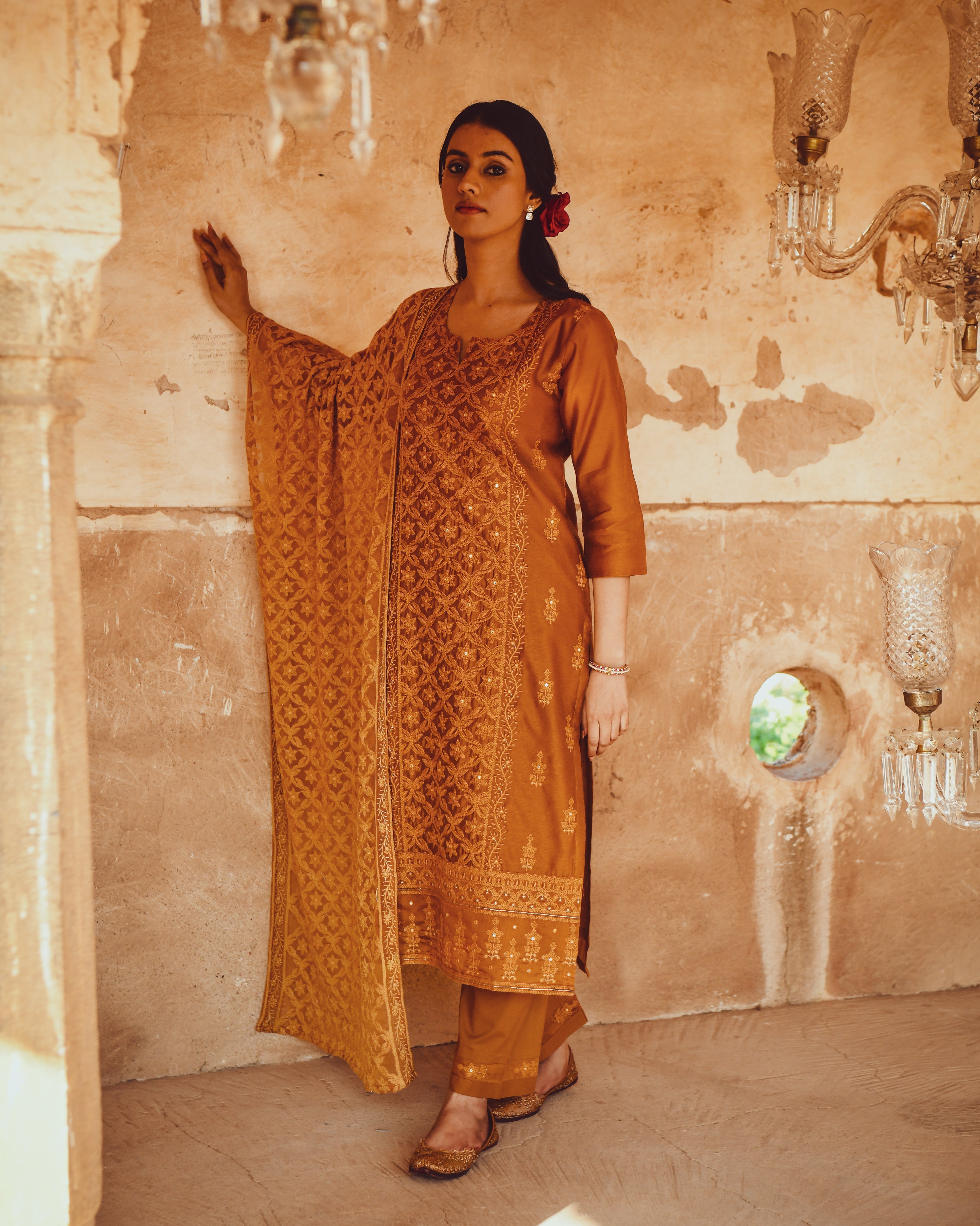 JASHN MUSTARD CHIKANKARI EMBROIDERED KURTA WITH SPLASHED MOTIF