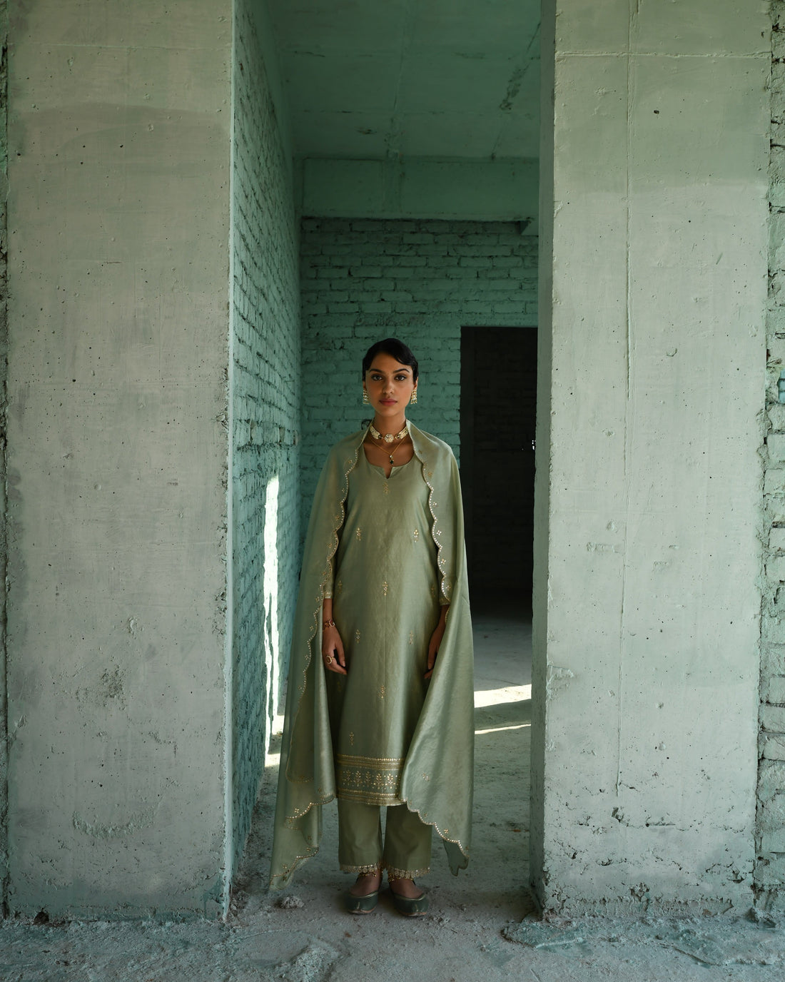 PISTA GREEN EMBROIDERED CHANDERI KURTA SET