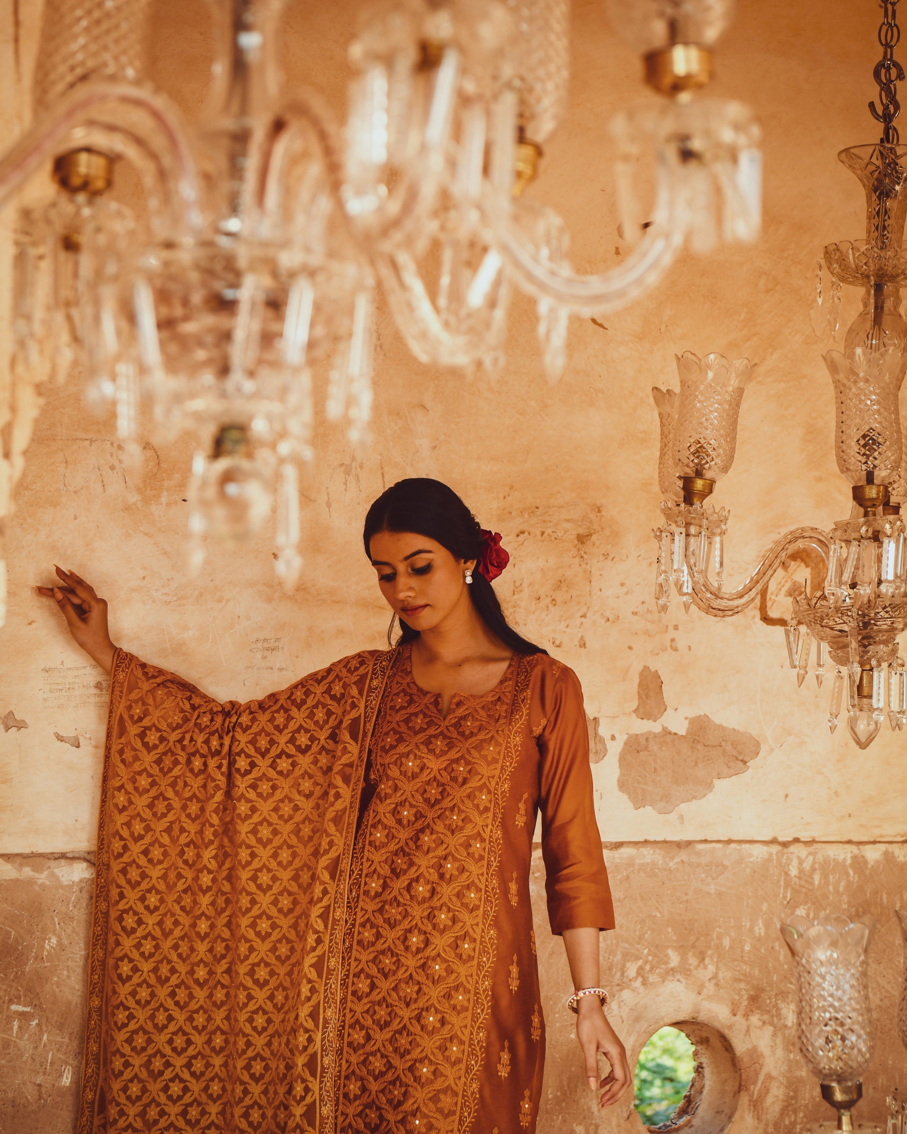 JASHN MUSTARD CHIKANKARI EMBROIDERED KURTA WITH SPLASHED MOTIF